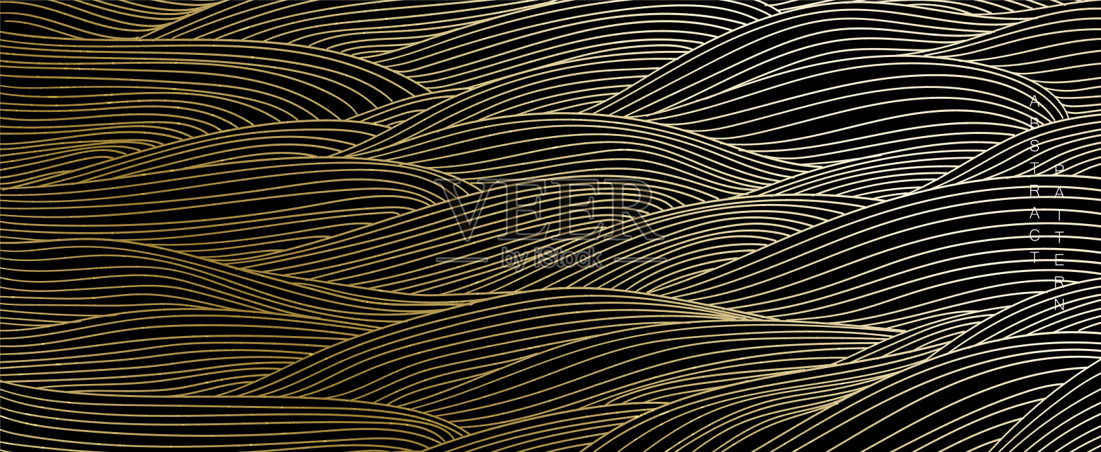 手绘波浪元素与日本模式矢量。东方金线装饰与黑色横幅设计，传单或呈现在复古风格。海洋与波浪插图的海洋元素。插画图片素材