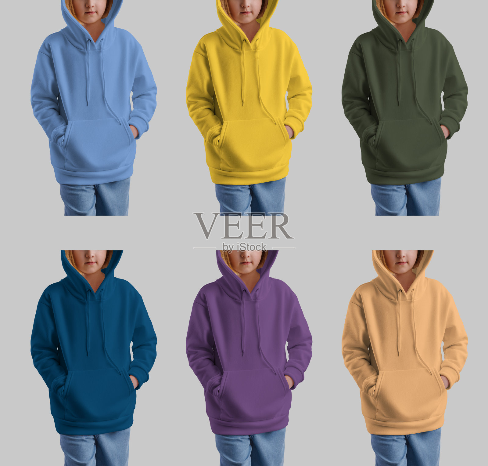 模板的彩色儿童帽衫，运动衫的一个女孩的手在口袋里，为设计，前面，集照片摄影图片