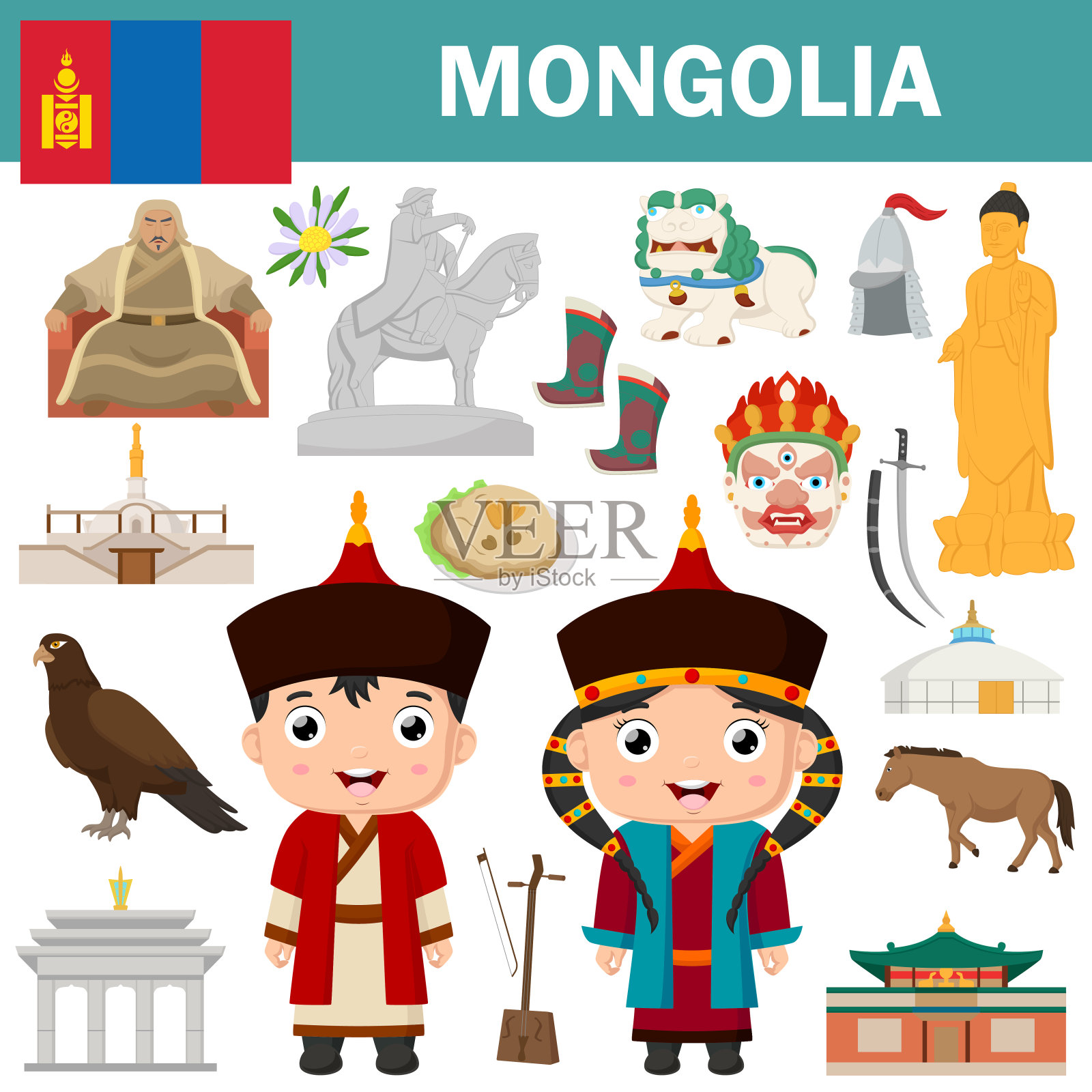 一套蒙古著名地标插画图片素材