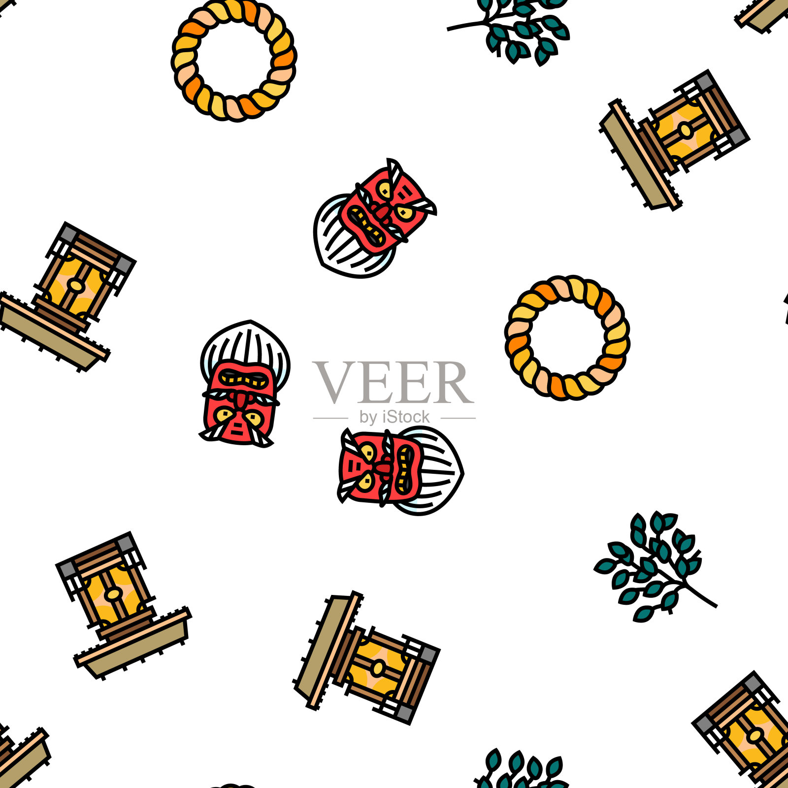 日本神道教日本寺庙矢量无缝图案插画图片素材