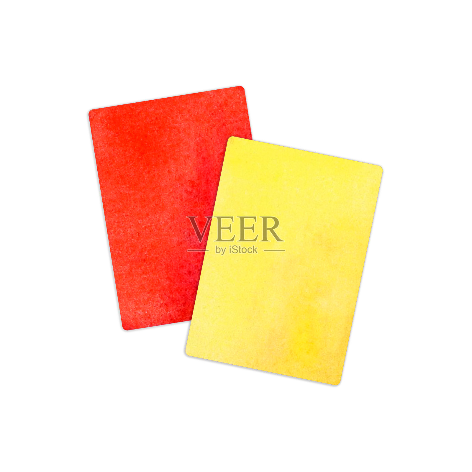 水彩画足球或足球黄红罚球、犯规或警告牌。在白色背景上孤立的彩绘裁判设备。用于壁纸，标志和横幅插画图片素材