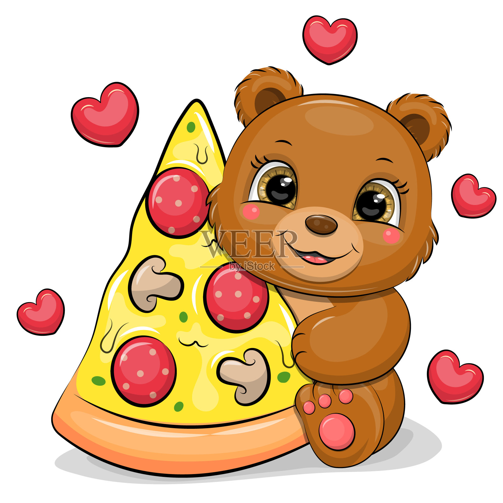 可爱的卡通棕熊拿着一大块披萨。插画图片素材