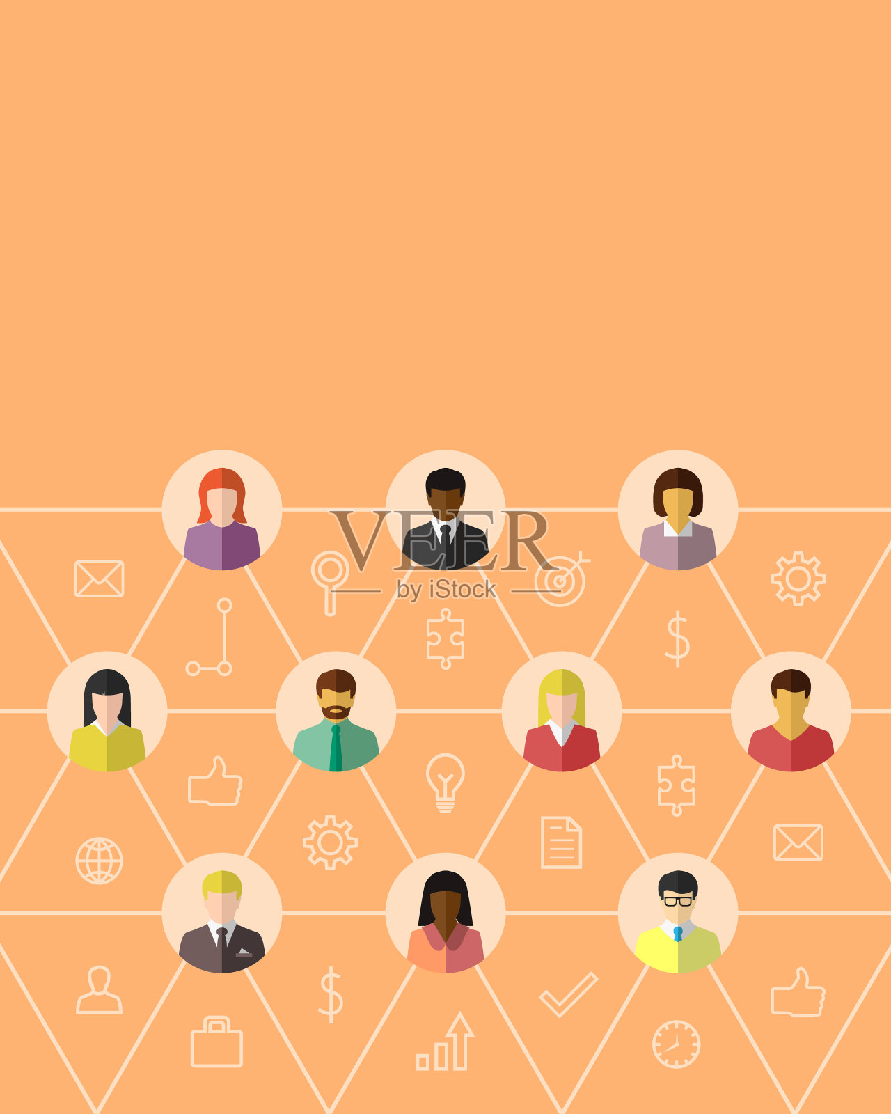 网络或团队合作的概念与不同的商业人士，图标和复制空间在平面设计插画图片素材