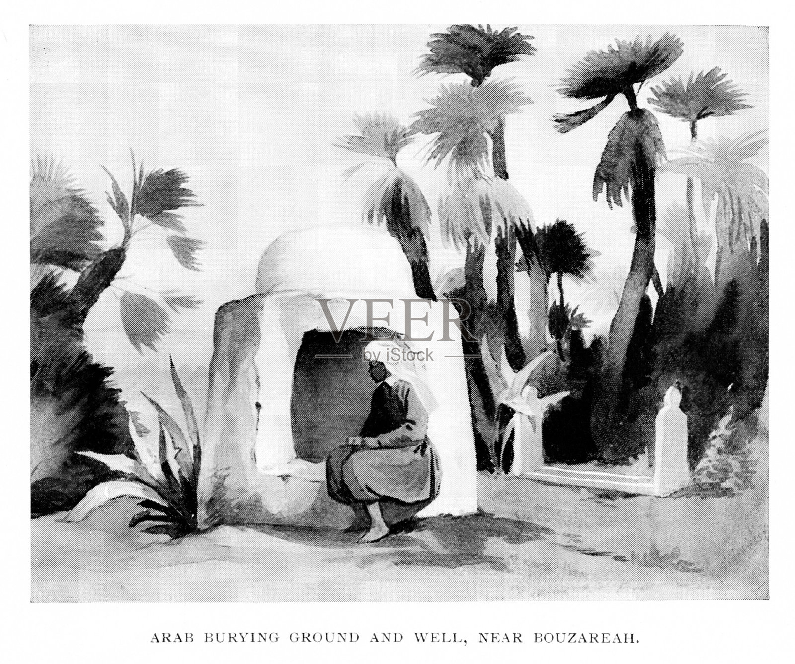 北非阿尔及利亚Bouzareah附近的阿拉伯墓地和油井插画图片素材