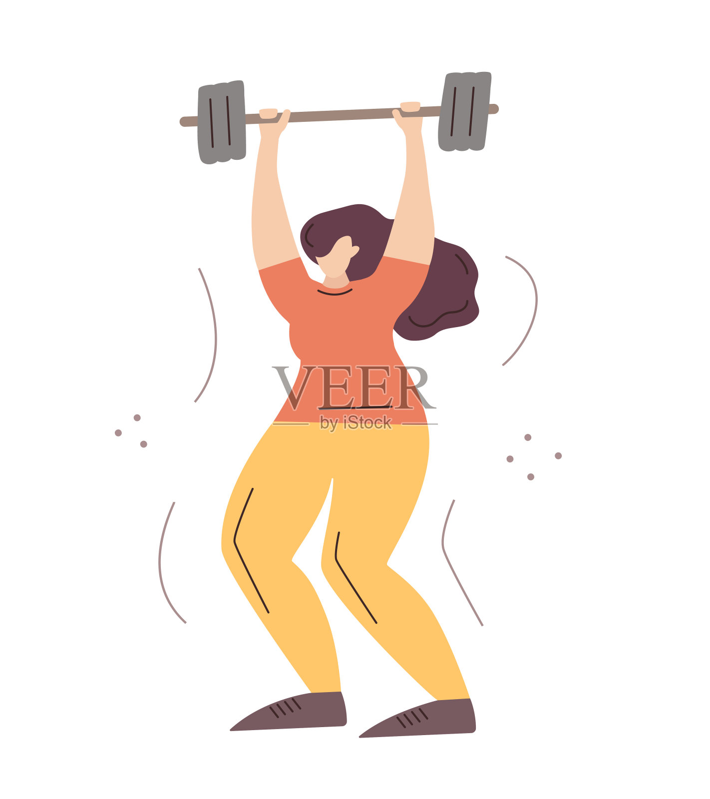 女孩举起杠铃。矢量平面插图隔离在白色背景上。插画图片素材