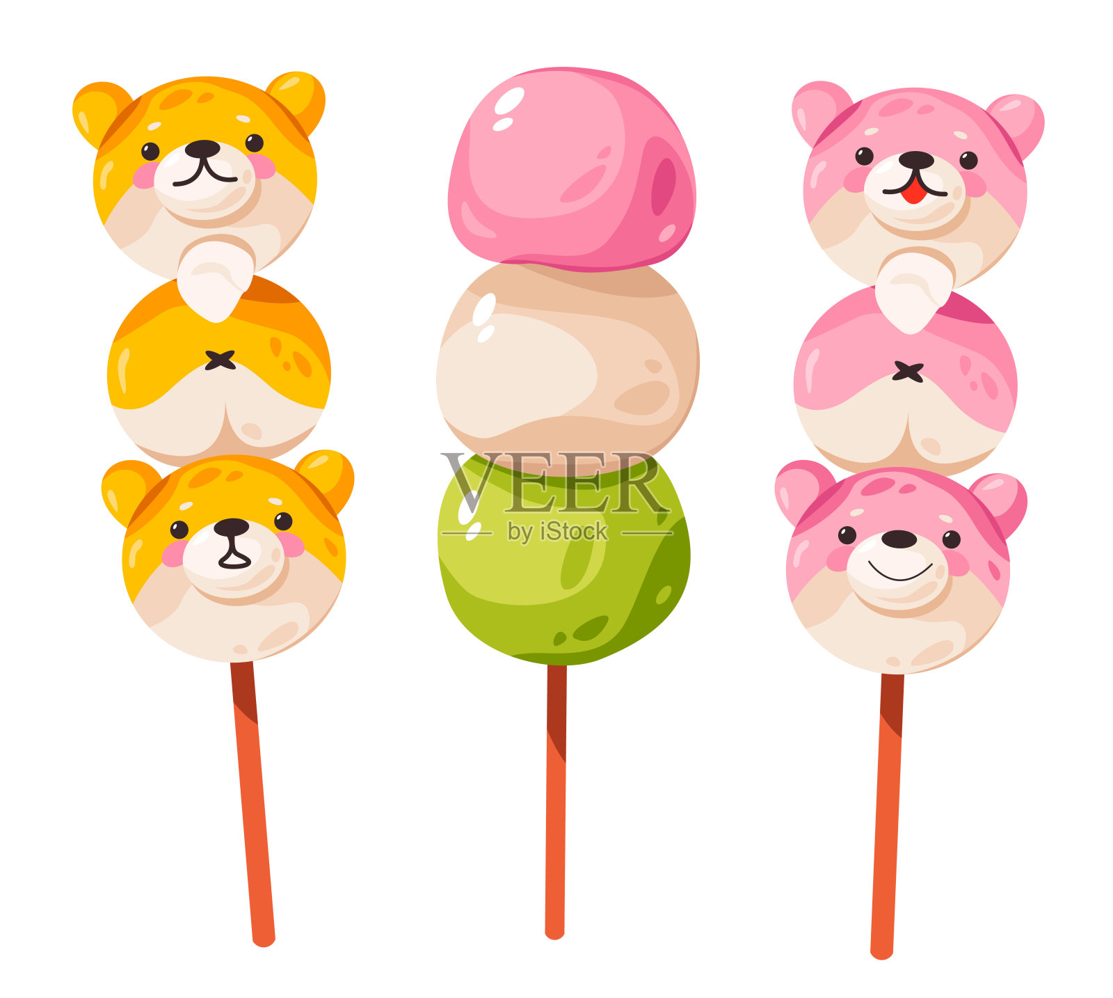 亚洲甜食麻糬和辣子。日本街头小吃。亚洲快餐。矢量图插画图片素材