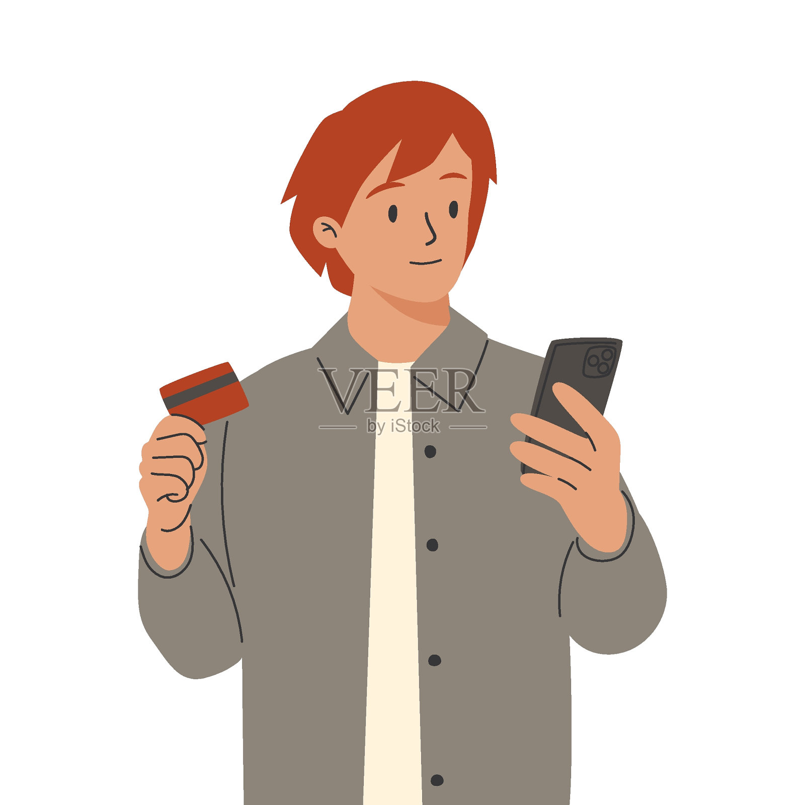 用手机和银行卡进行网上电子支付的人。买史密斯的人。通过互联网和支付。插画图片素材