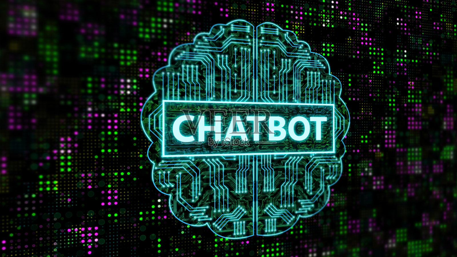 聊天机器人词上的人工脑图标和明亮的背景插画图片素材