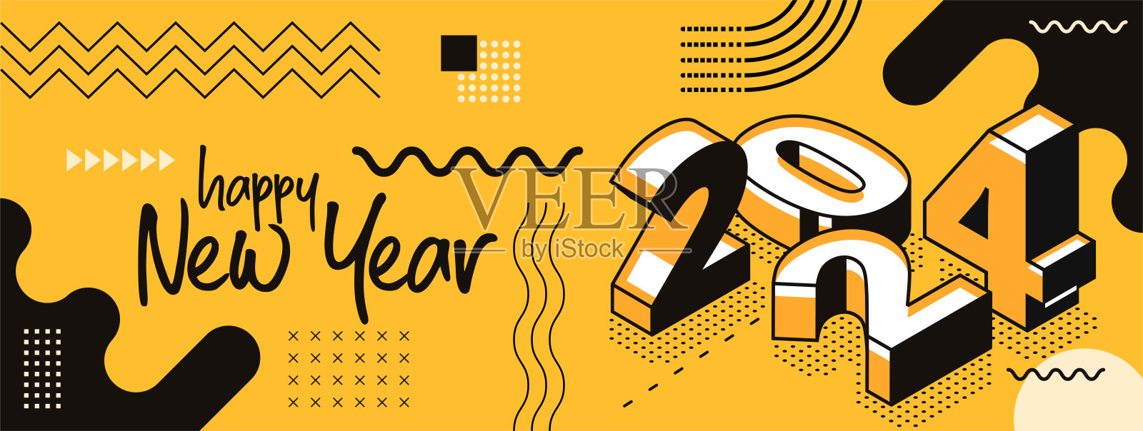 新年快乐2024复古风格封面与现代几何抽象背景与等距。新年快乐贺卡横幅设计为2024年决议。黄黑矢量插图插画图片素材