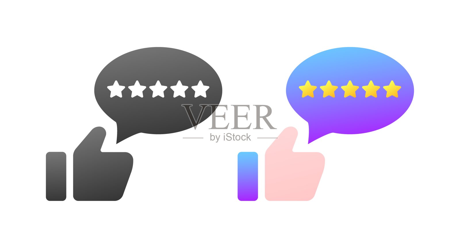 赞评级图标。不同的款式，颜色，气泡与星星，大拇指评级。矢量图标插画图片素材