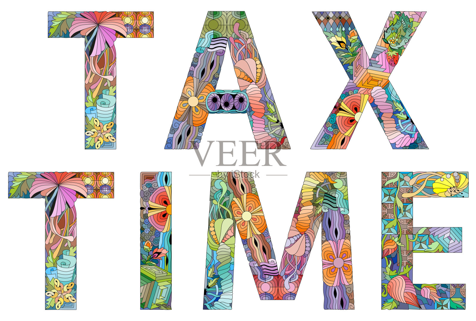 交税时间到了。矢量zentangle对象用于装饰插画图片素材