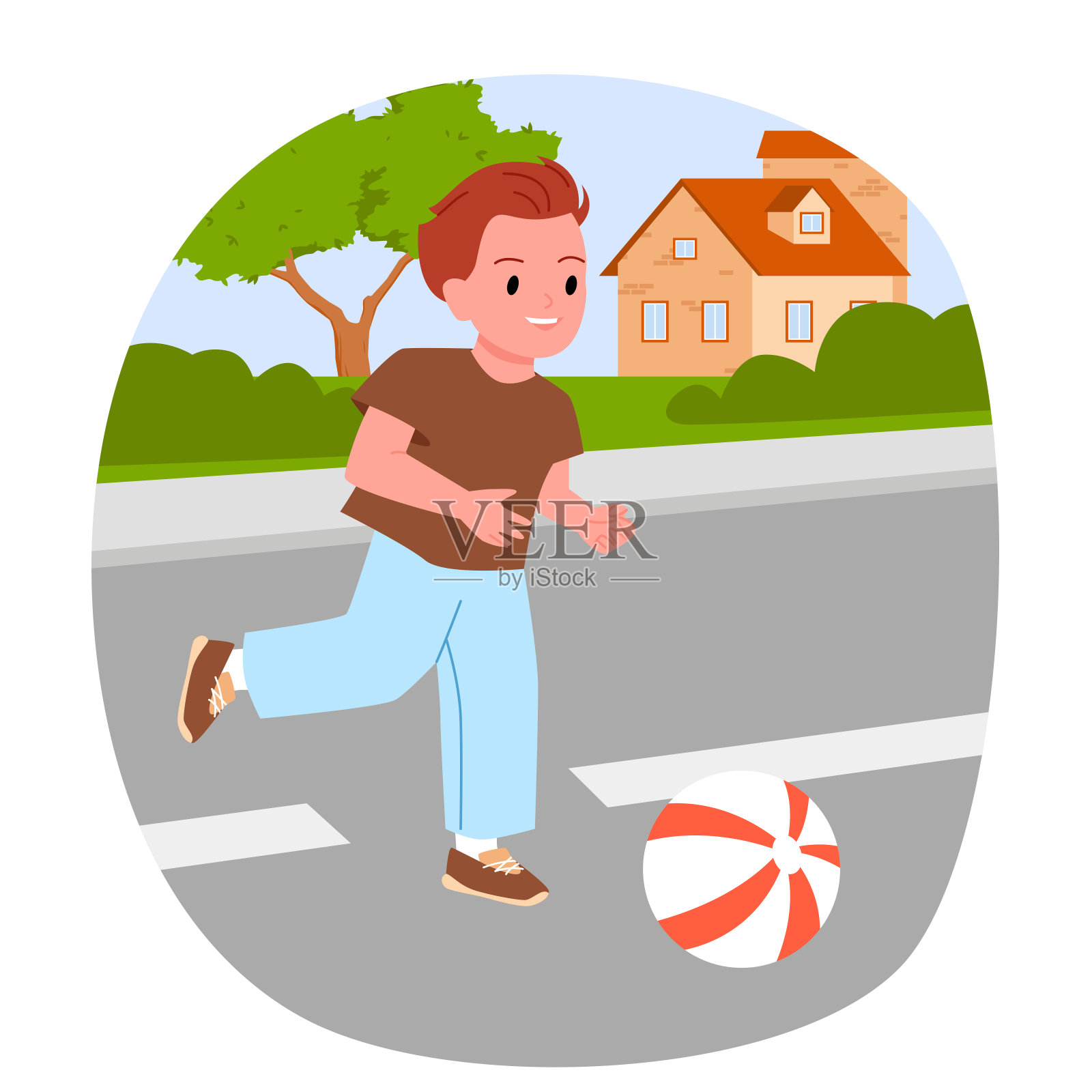 城市道路上的孩子很危险，调皮的小男孩在街上奔跑，踢足球插画图片素材