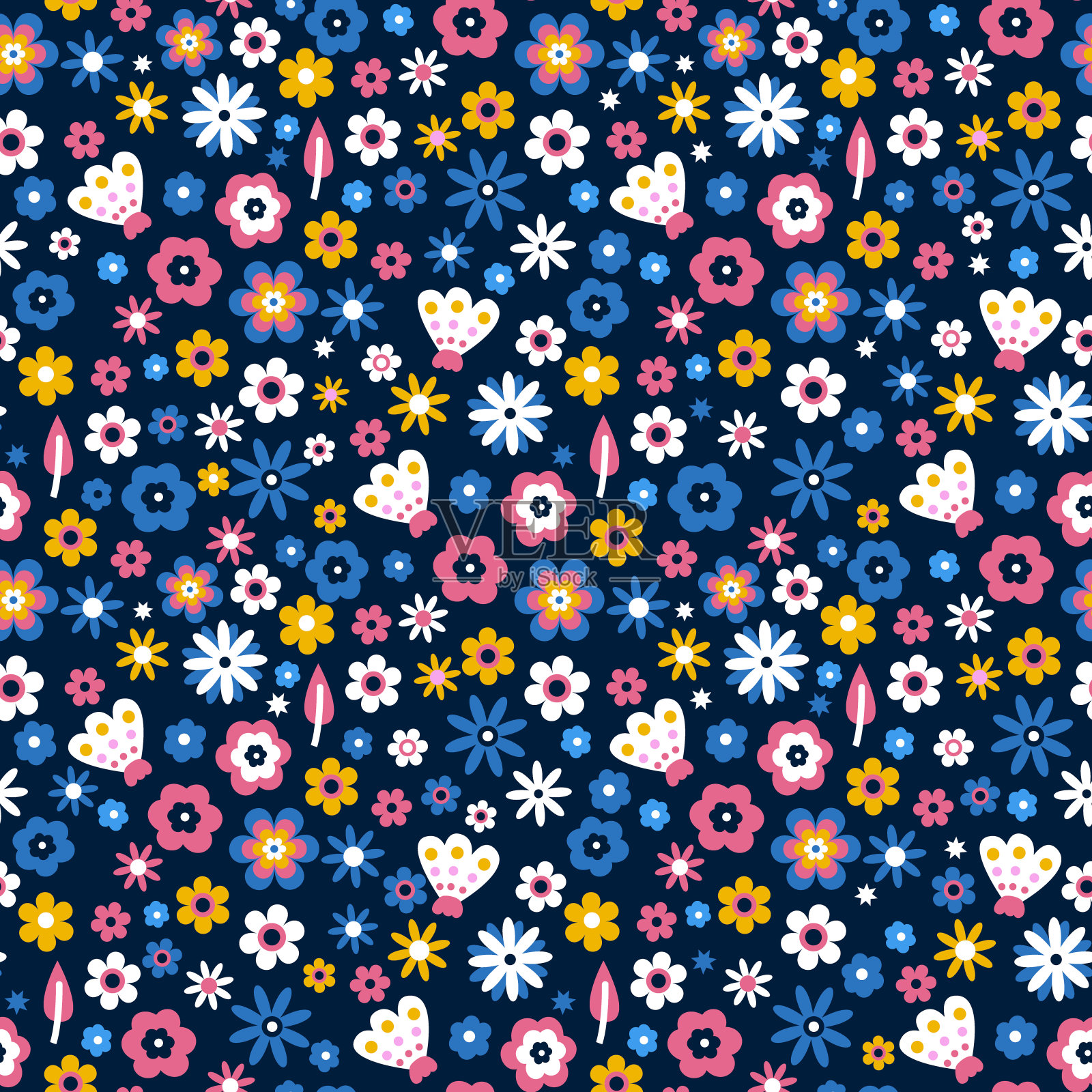 无缝图案与小花卉，星星和植物。用于织物、纺织品的植物细部纹理。矢量图插画图片素材