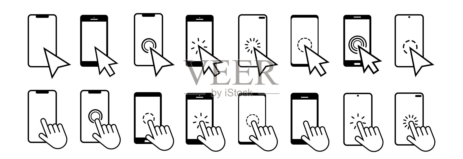 手触屏智能手机矢量图标。手点击。智能手机简单的线条图标。点击智能手机。触摸屏显示。鼠标点击。插画图片素材