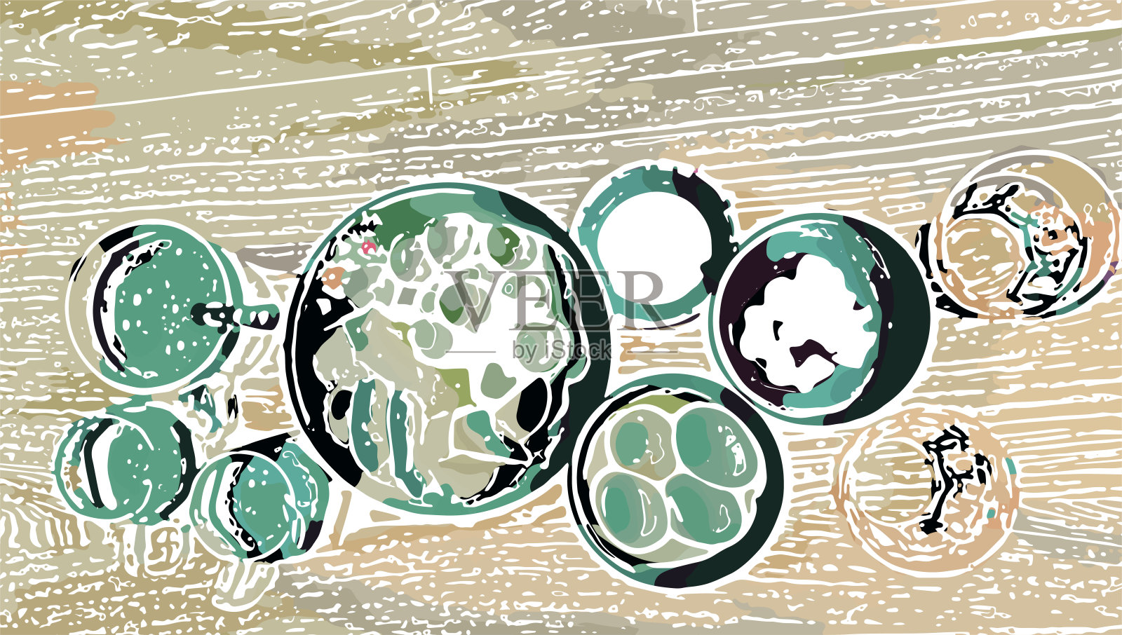 抽象色彩水彩风格早餐的背景，牛奶，鸡蛋，咖啡，水，水果在餐桌上插画图片素材