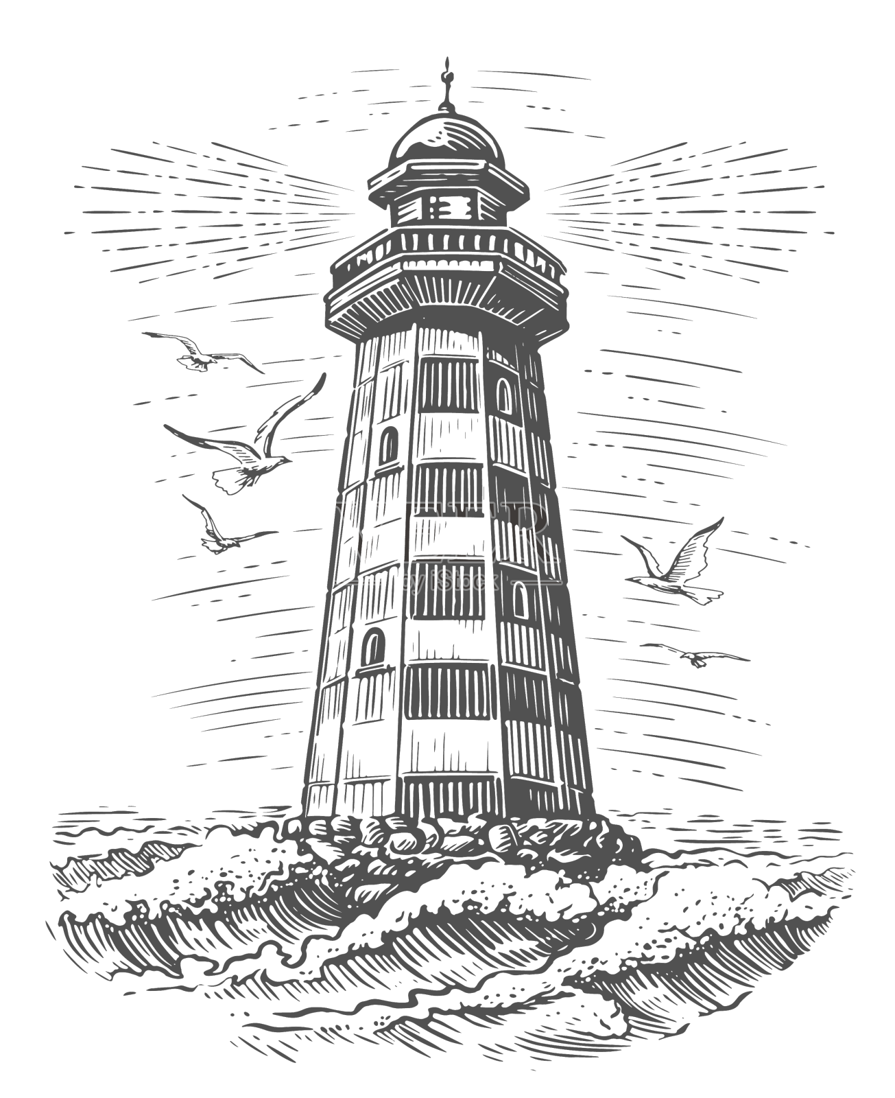 古老的灯塔和海浪雕刻设计元素图片