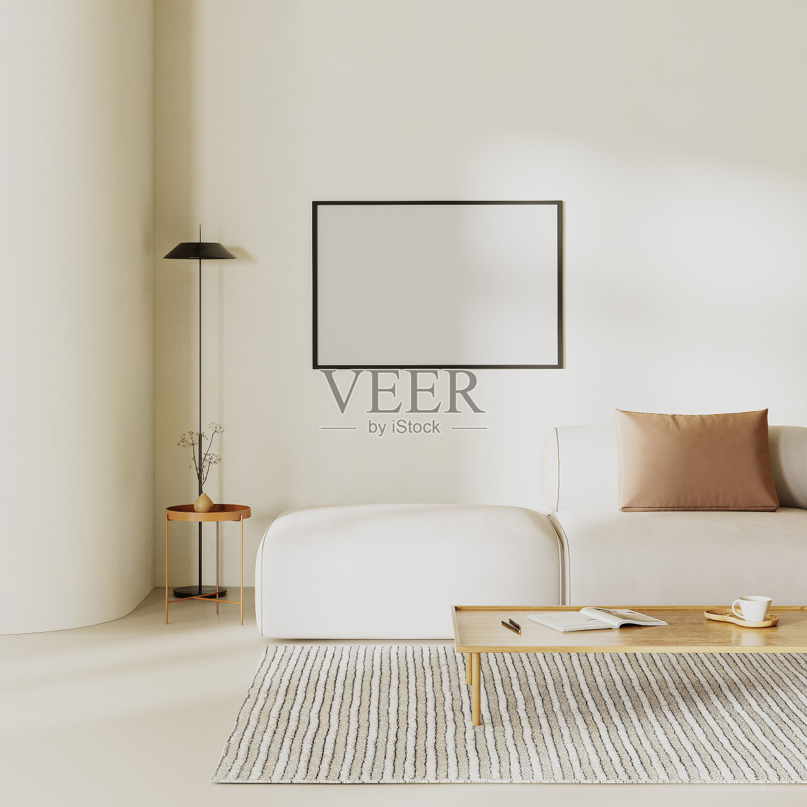 在极简主义的客厅室内与曲线墙的空白相框，沙发与枕头和米色石膏墙，。室内模型，3d渲染照片摄影图片