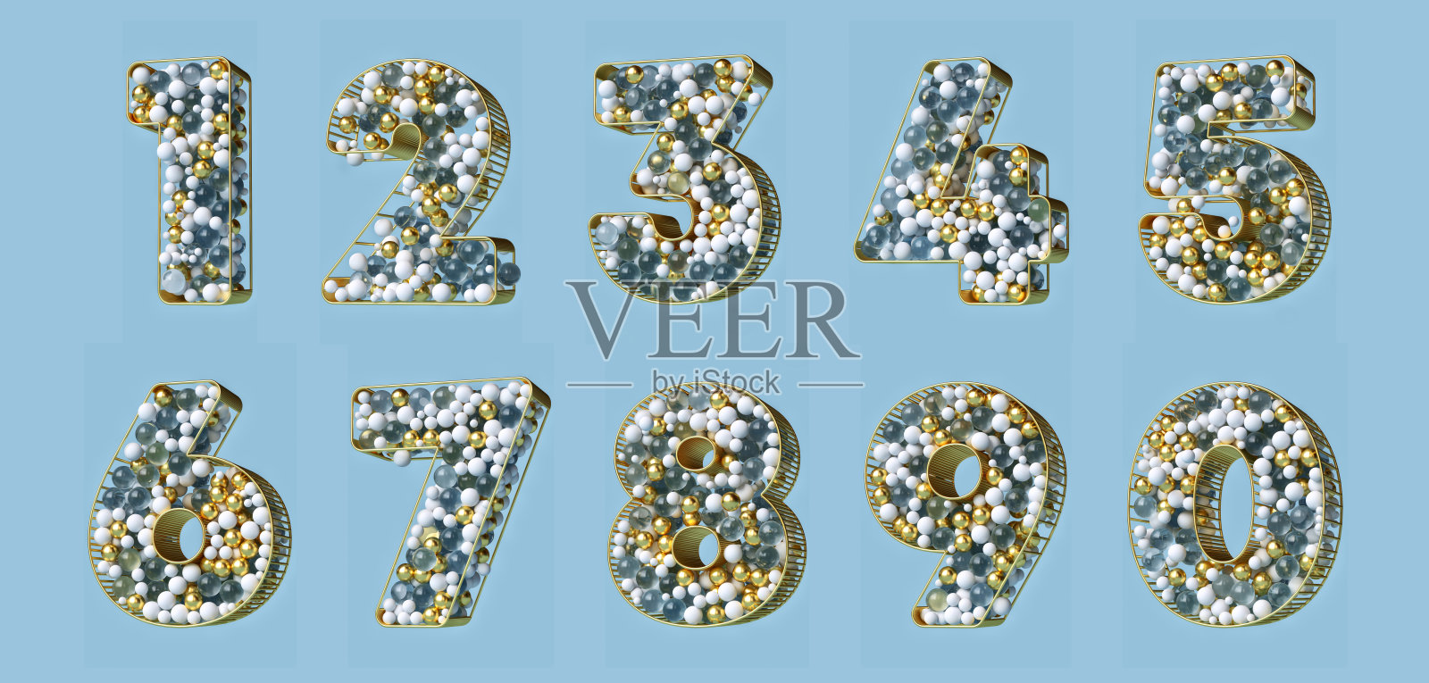 球字体3D在黄金，白色和水晶。数字0到9。照片摄影图片