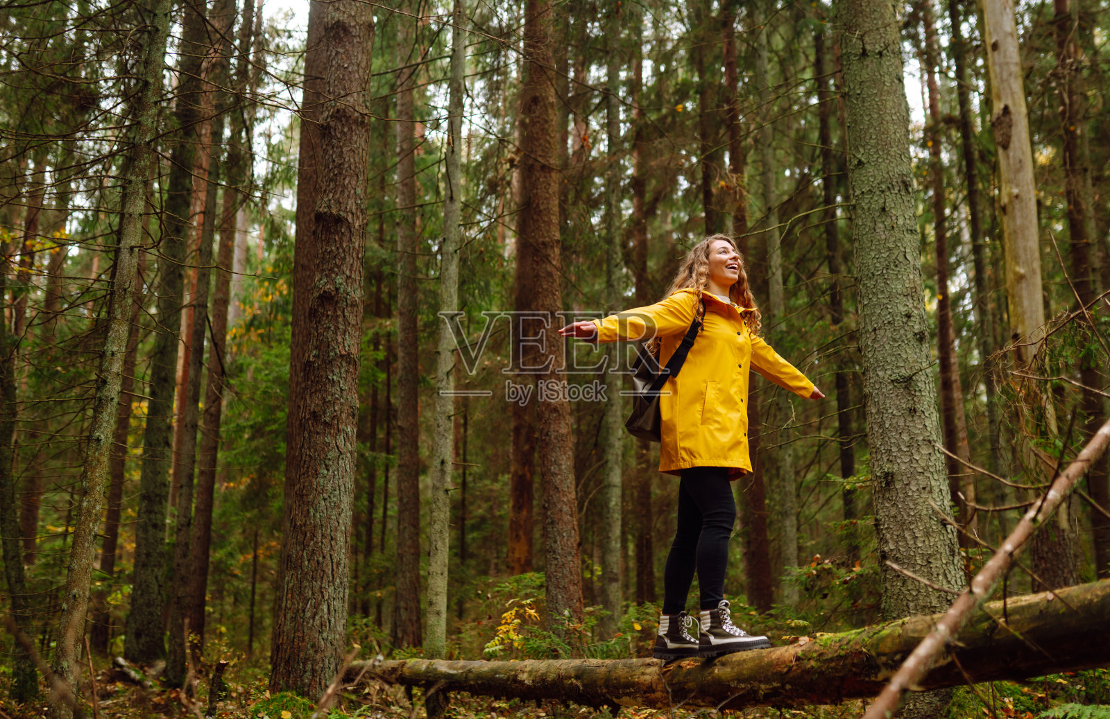穿着鲜艳外套的女旅行者走在湿地间的一条木制小路上。照片摄影图片