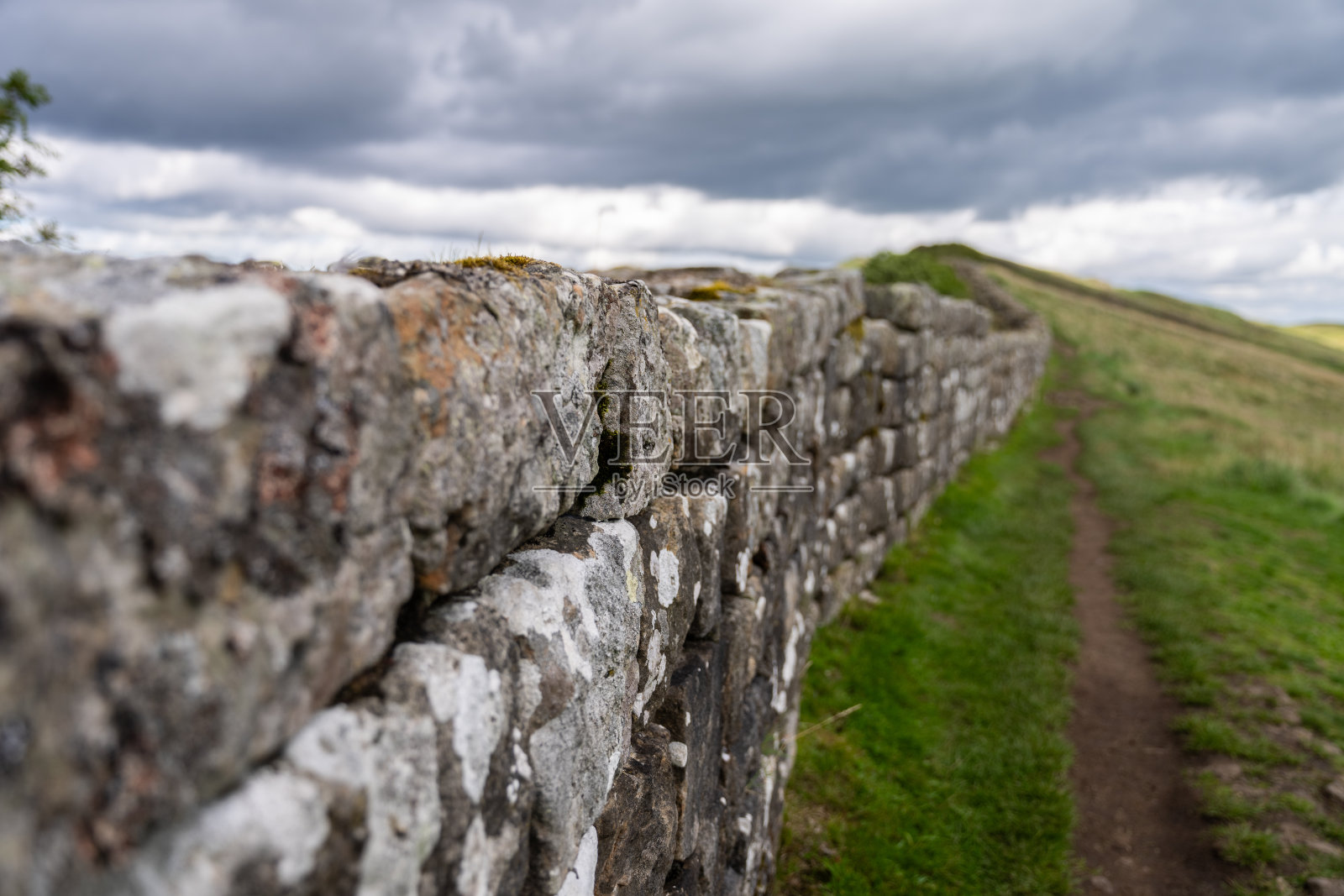 英国诺森伯兰郡格林黑德附近哈德良长城上的石头特写照片摄影图片