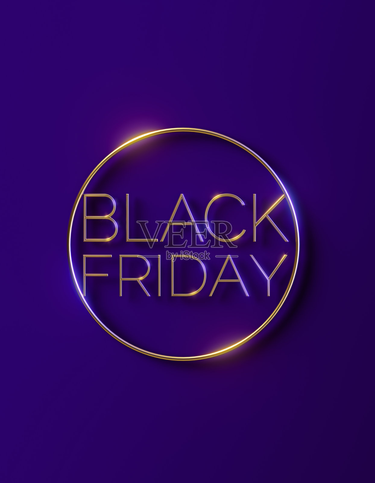 黑色星期五概念-金色的黑色星期五文字里面发光的金色圆圈形状在紫色的背景照片摄影图片