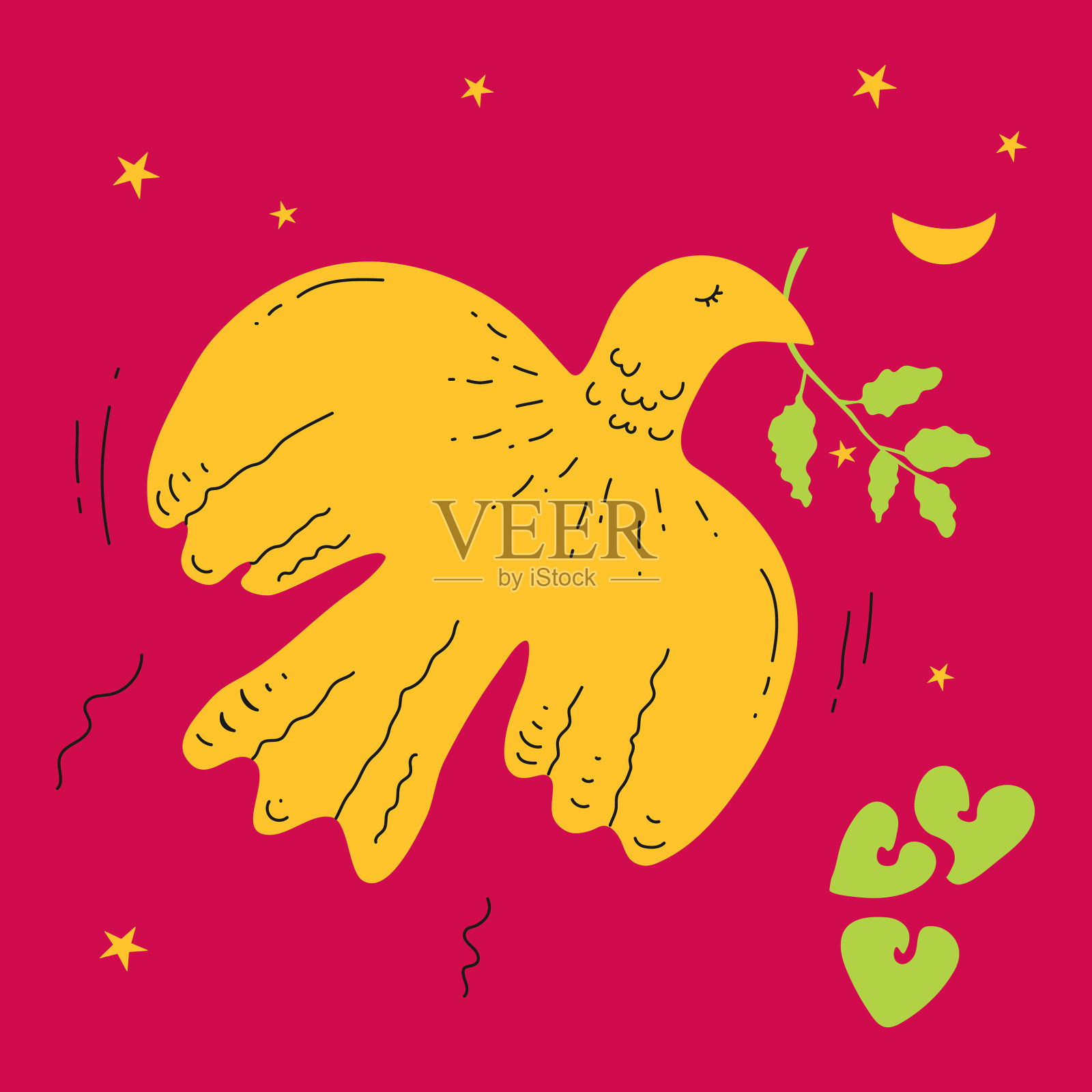 鸟和月亮粉红色插画图片素材