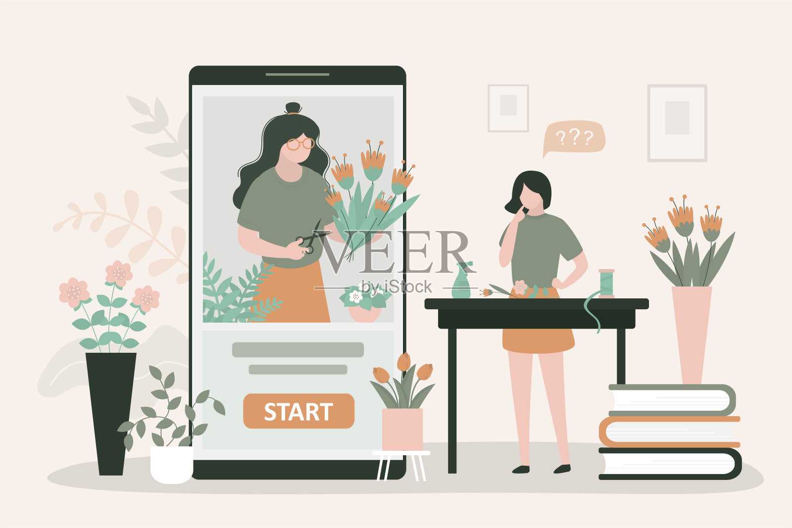 女学生在智能手机上观看在线花艺直播。园丁在网上讲授如何种植花卉和室内植物。花艺网络课程。插画图片素材