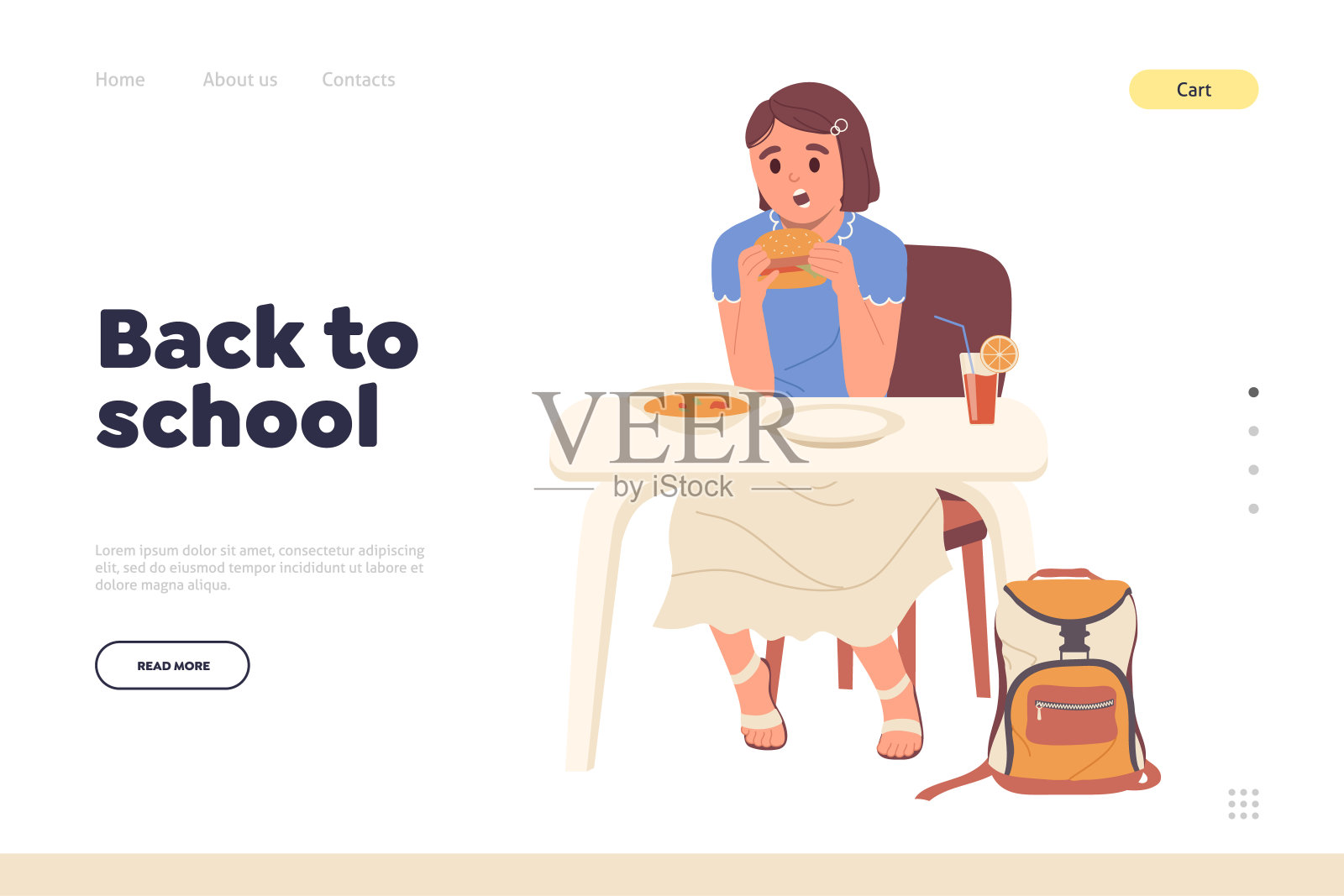 回到学校登陆页模板的概念与快乐的女学生的性格在食堂吃饭插画图片素材