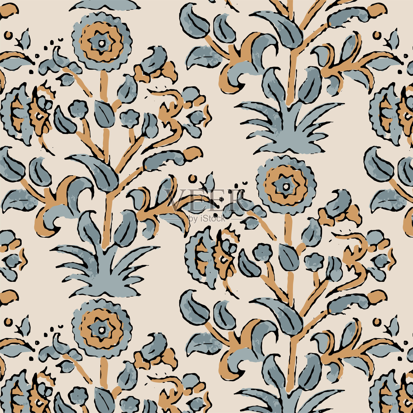 数字Ajrakh无缝图案块印花印花蜡染矢量插画图片素材