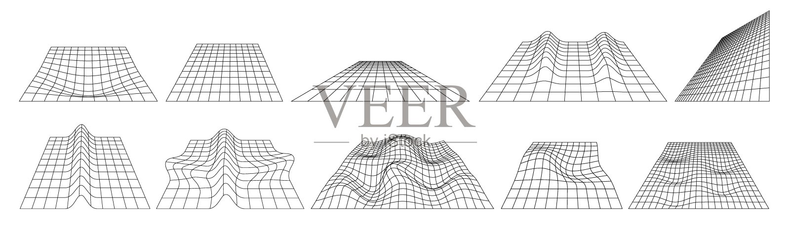 线框透视网格。矢量集复古的未来主义几何蓝图扭曲的平面插画图片素材