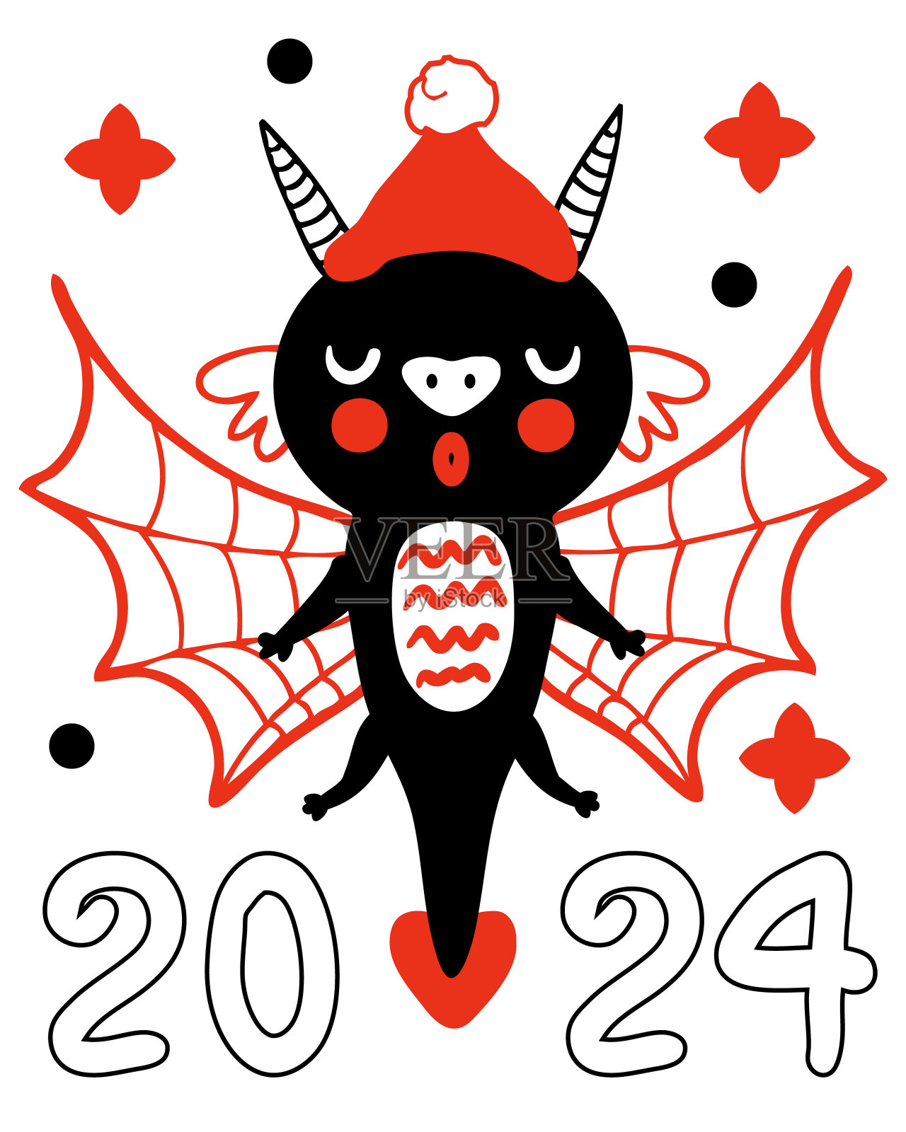 2024年新年模板，可爱的飞龙卡通人物。完美的t恤，海报，贺卡，贴纸。涂鸦矢量插图。插画图片素材