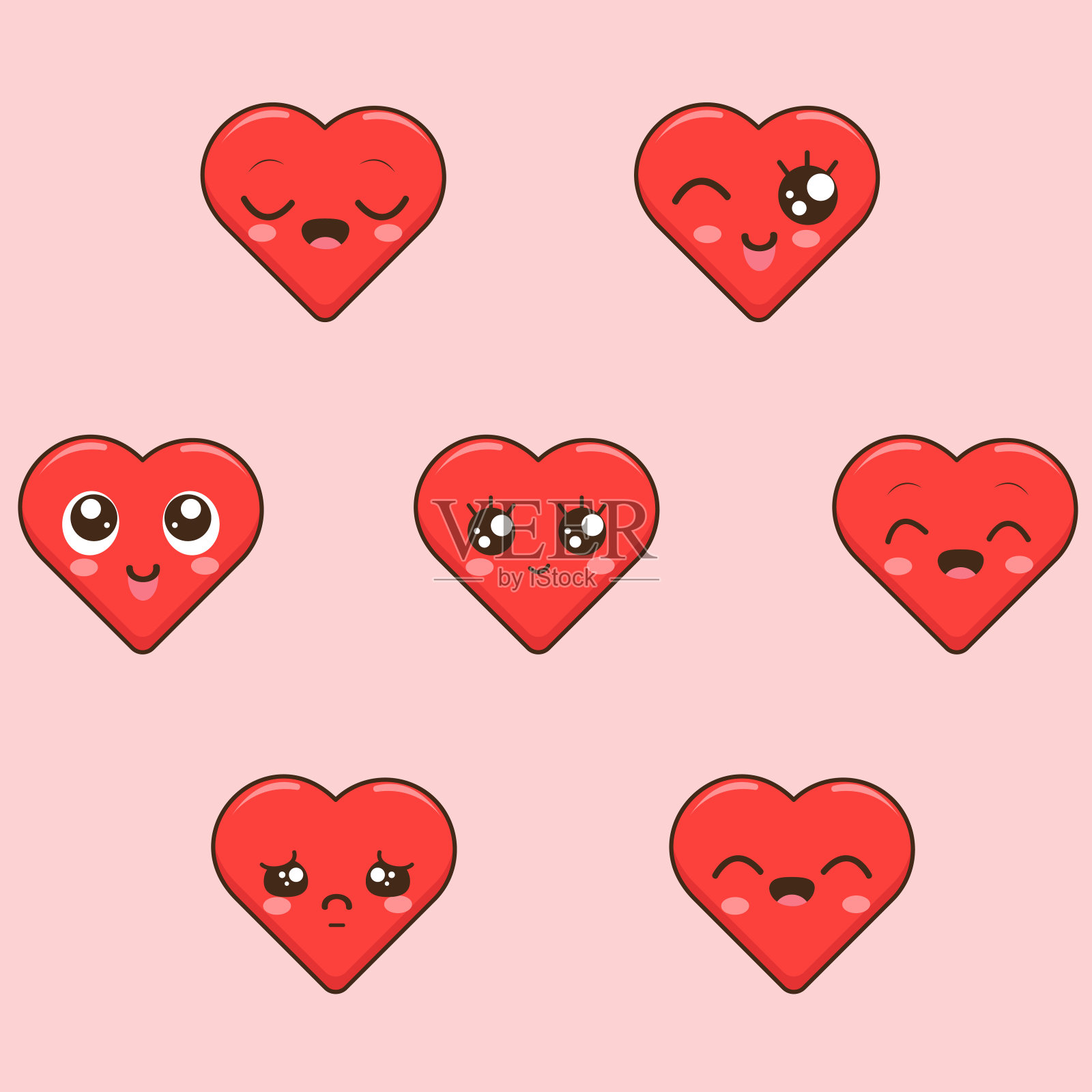 一套红色的卡通心与卡哇伊风格的脸在粉红色的背景。矢量设计元素的情人节插画图片素材