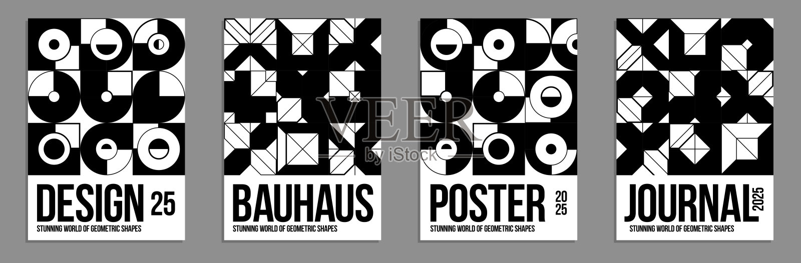 包豪斯风格的几何黑白矢量海报和封面，广告版面布局，单色技术工程风格形状机械。插画图片素材