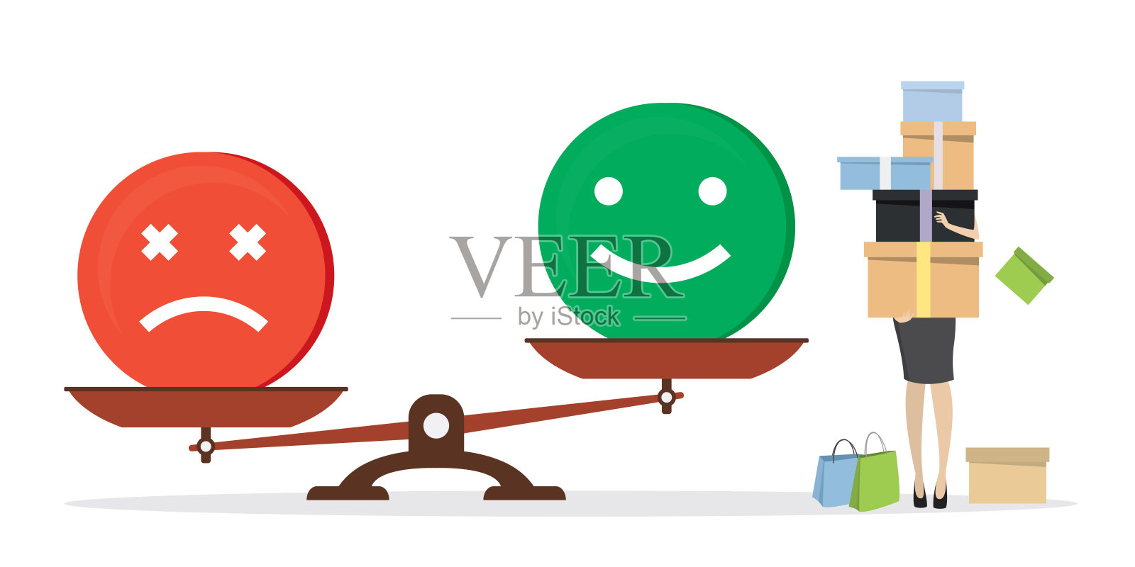 购物体验，时尚女性的积极情绪。表情符号不平衡。拿着购物箱的白人女孩。情绪的迹象。满意，优质服务。插画图片素材