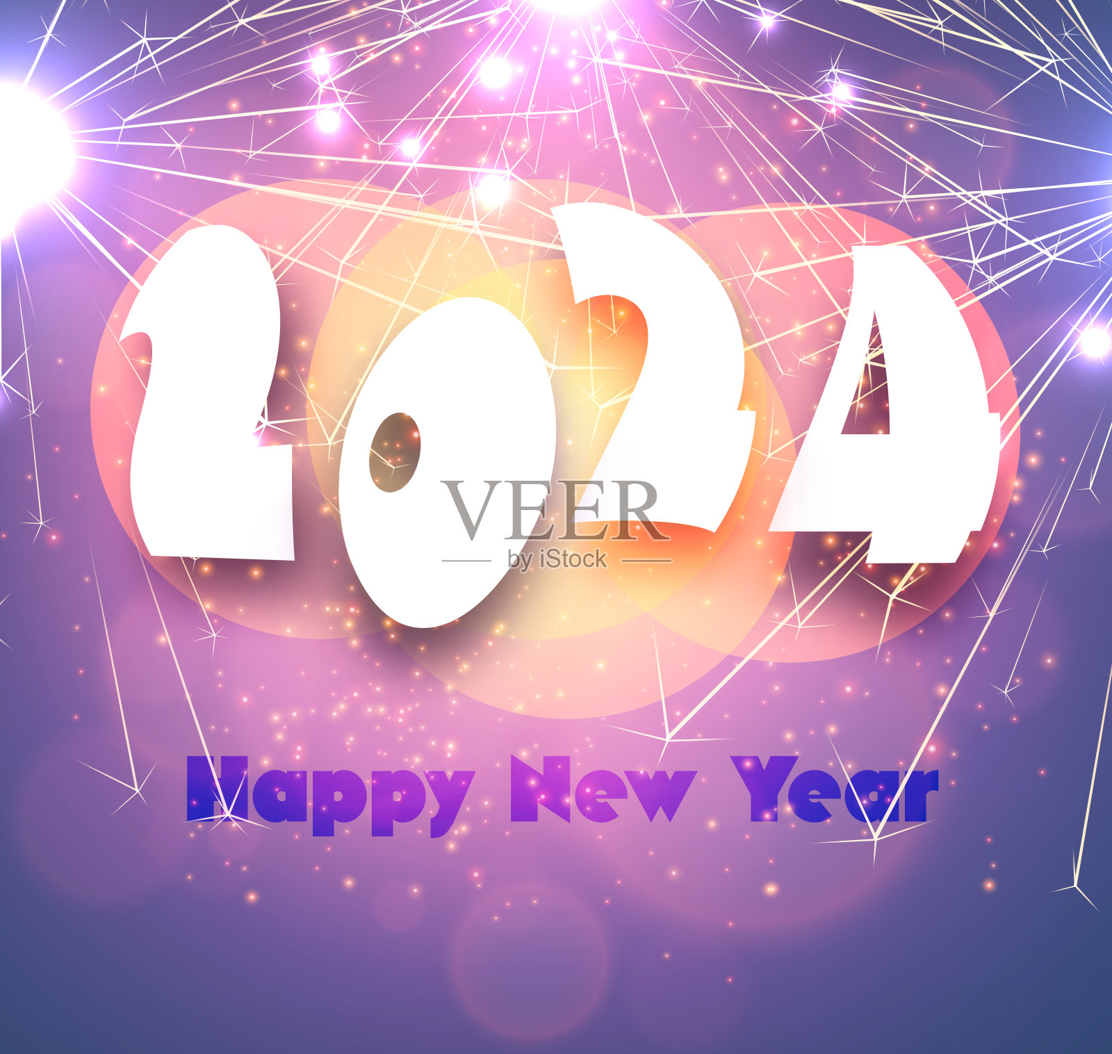 2024年新年的数字在明亮的紫色背景与飞行的烟花光粒子。插画图片素材