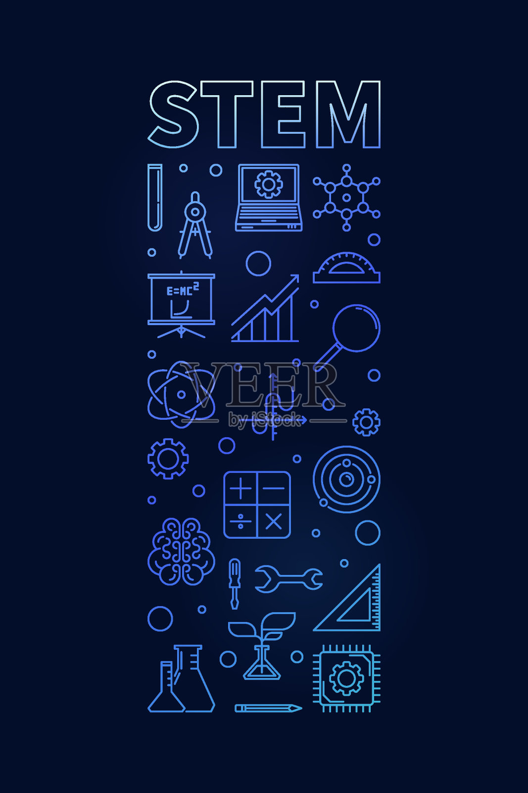 STEM矢量细线垂直蓝色现代横幅-科学概念线性插图插画图片素材