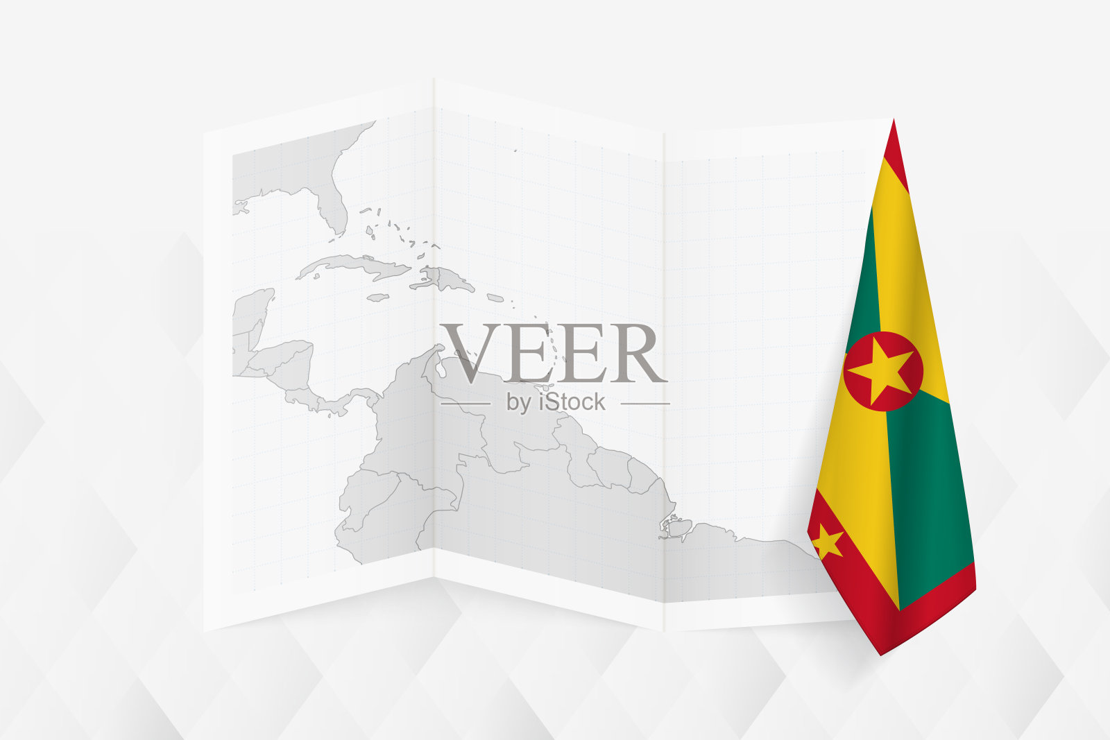 格林纳达的灰度地图，一面悬挂着格林纳达国旗。矢量地图为许多类型的新闻。插画图片素材