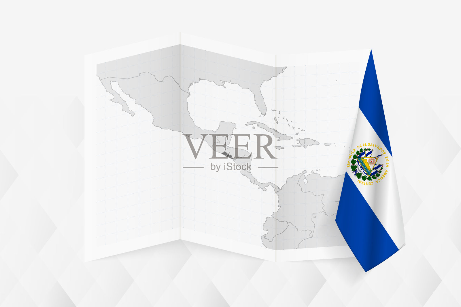 萨尔瓦多的灰度地图，一面悬挂着萨尔瓦多国旗。矢量地图为许多类型的新闻。插画图片素材