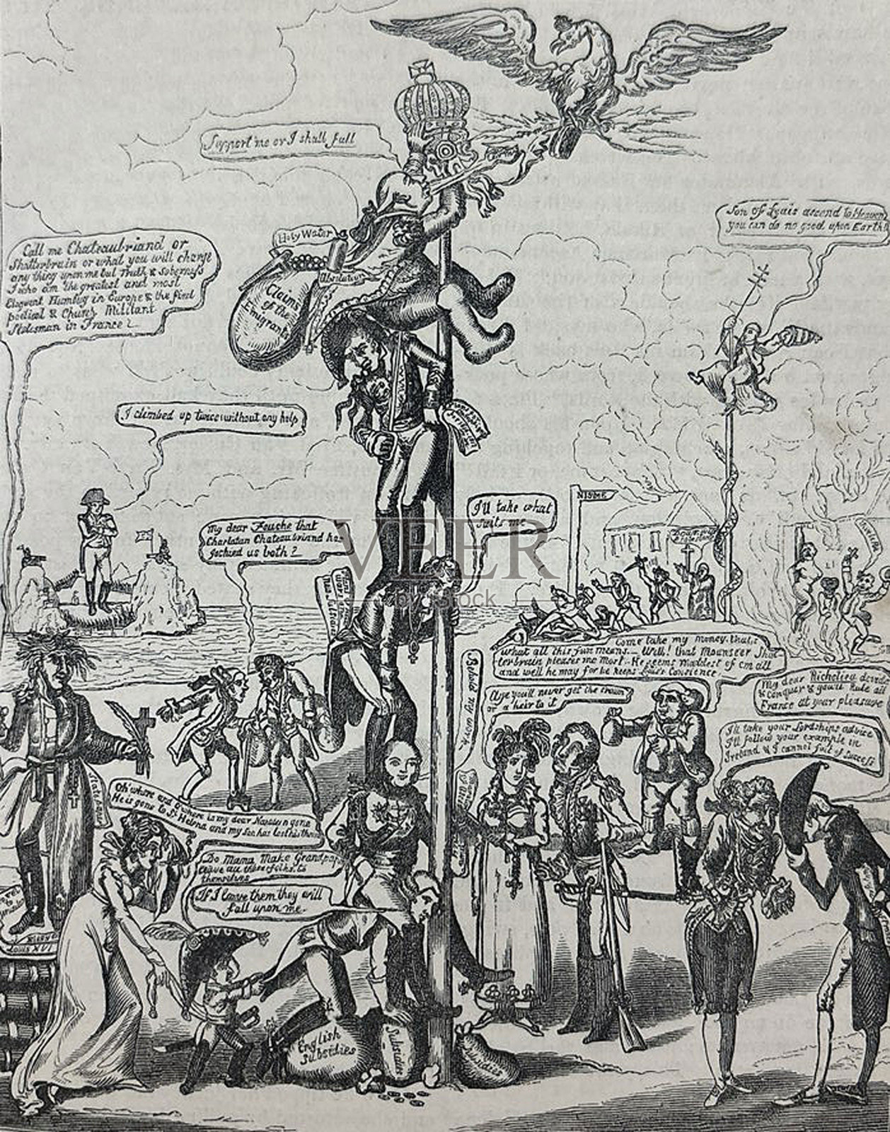 古董插图-路易十八攀登马特·德·科涅的漫画插画图片素材