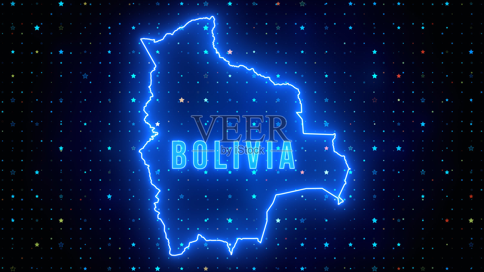 未来的蓝色闪耀玻利维亚轮廓地图和标签文本发光霓虹灯与星星闪烁网格背景插画图片素材