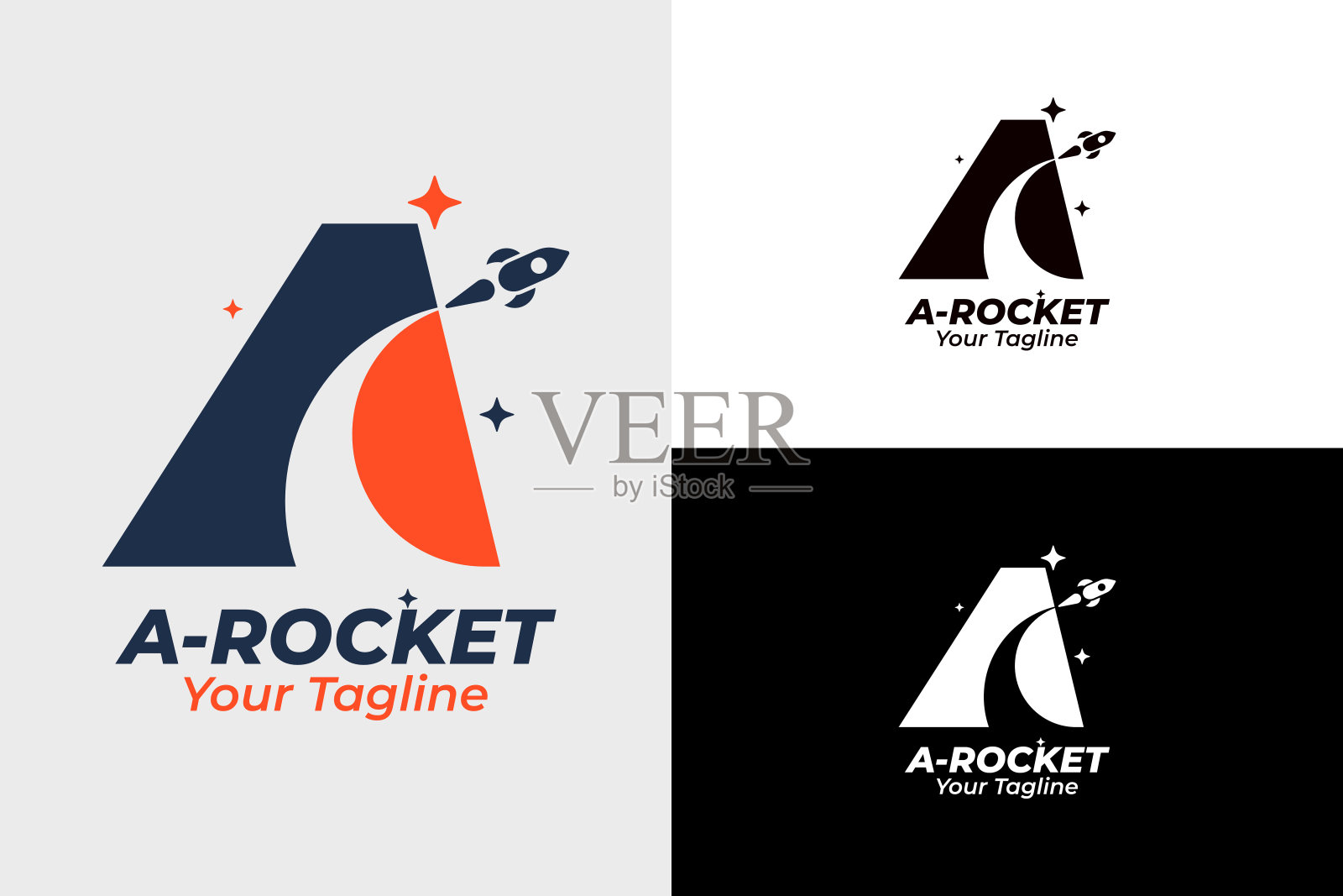 现代火箭和字母a.简单的飞行火箭与速度彗星波隔离在白色背景上。可用于商务和技术。插画图片素材
