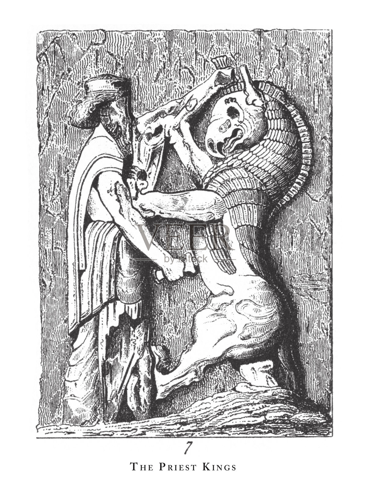 祭司国王:古代近东雕刻古董插图的宗教场景和符号，出版于1851年插画图片素材