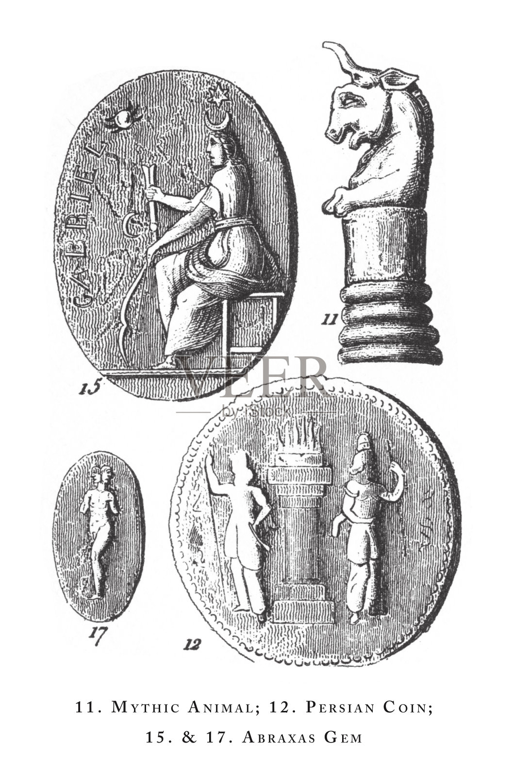 神话动物:宗教场景和象征的古代近东雕刻古董插图，出版1851年插画图片素材