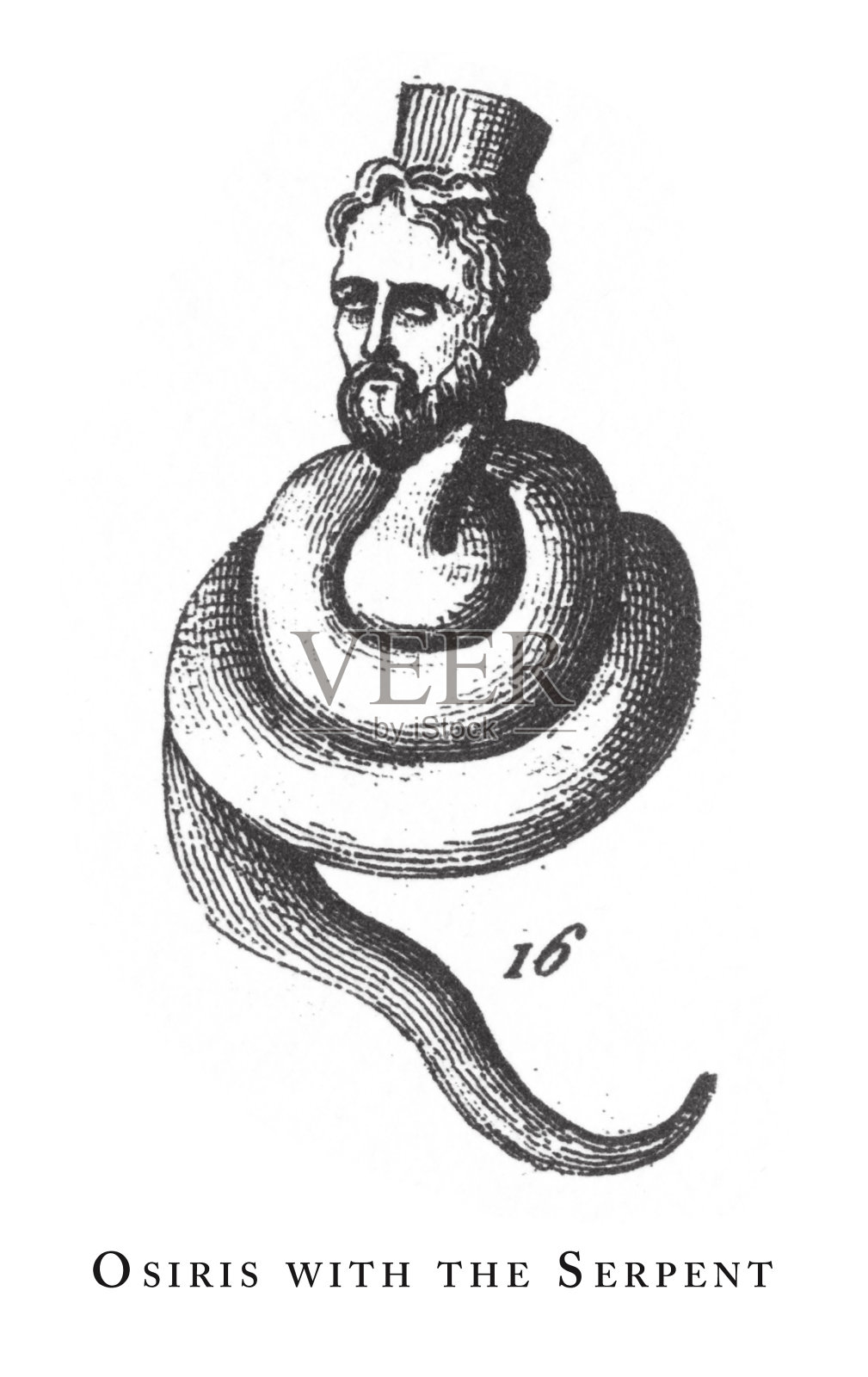 埃及神祇奥西里斯与蛇：1851年古埃及宗教符号雕刻插图插画图片素材