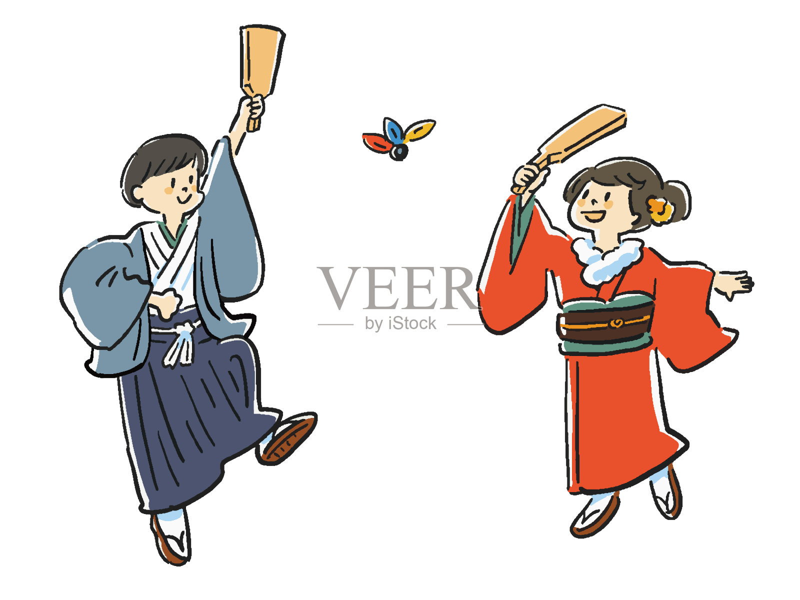 一男一女穿着阳光色的衣服，全身插着羽毛插画图片素材