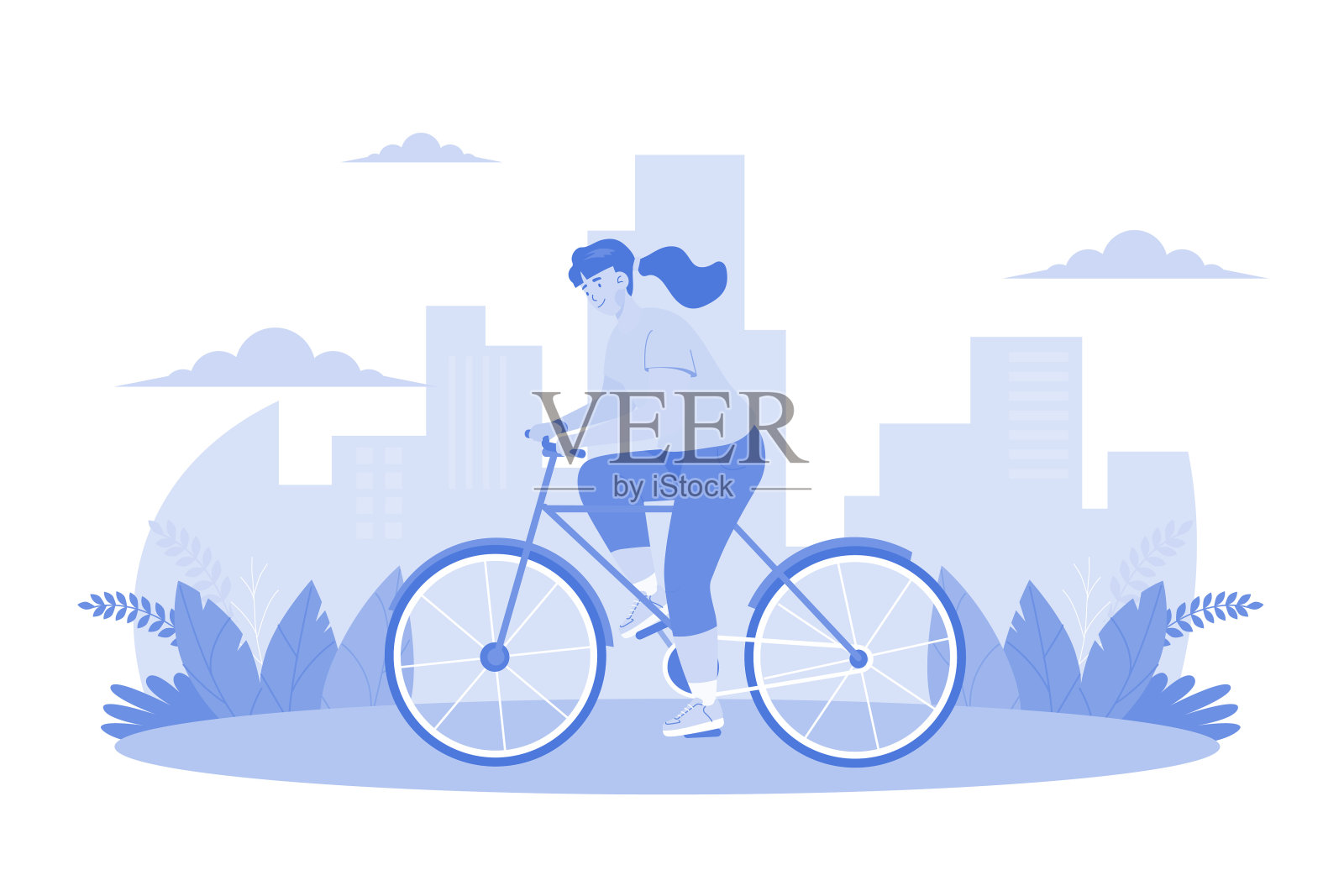 女孩在街上骑自行车插画图片素材