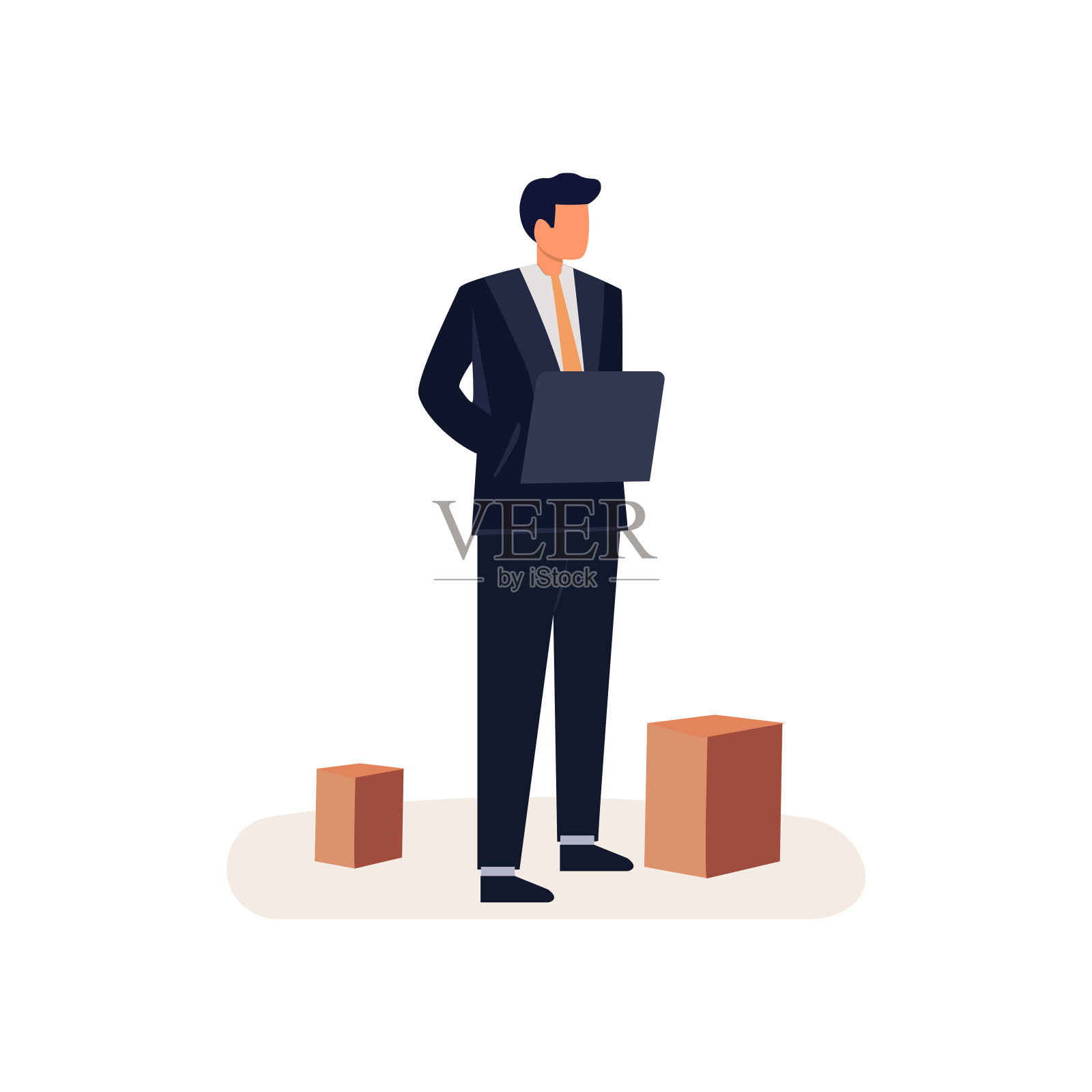 商人站在笔记本电脑上工作的小人矢量平面插图插画图片素材