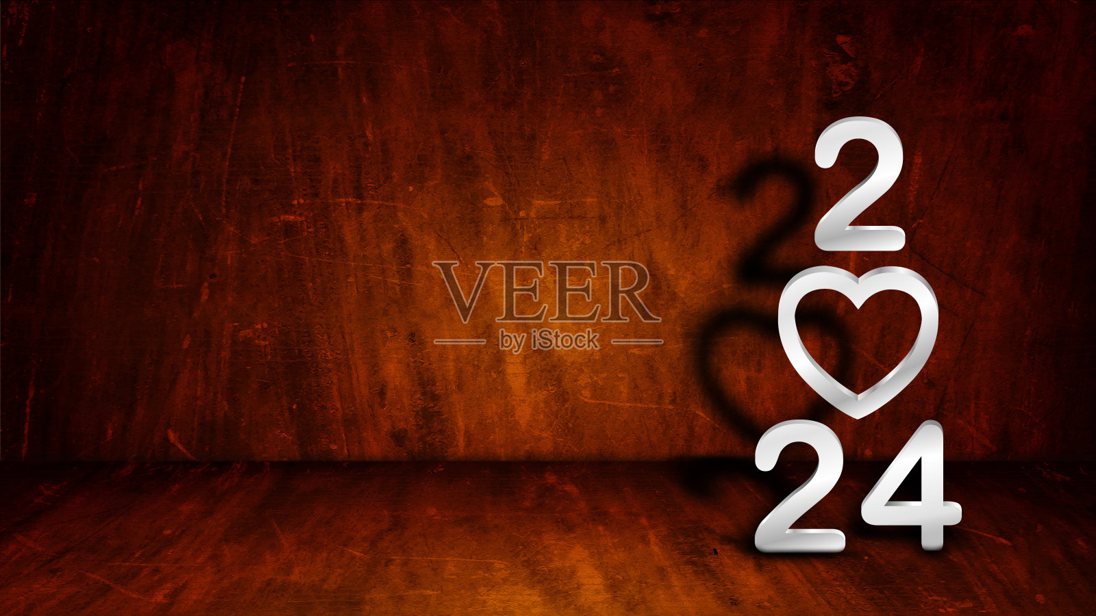 水平实心深色木质纹理棕色新年和圣诞节节日壁纸与银白色创意文字2024和一颗心取代0插画图片素材