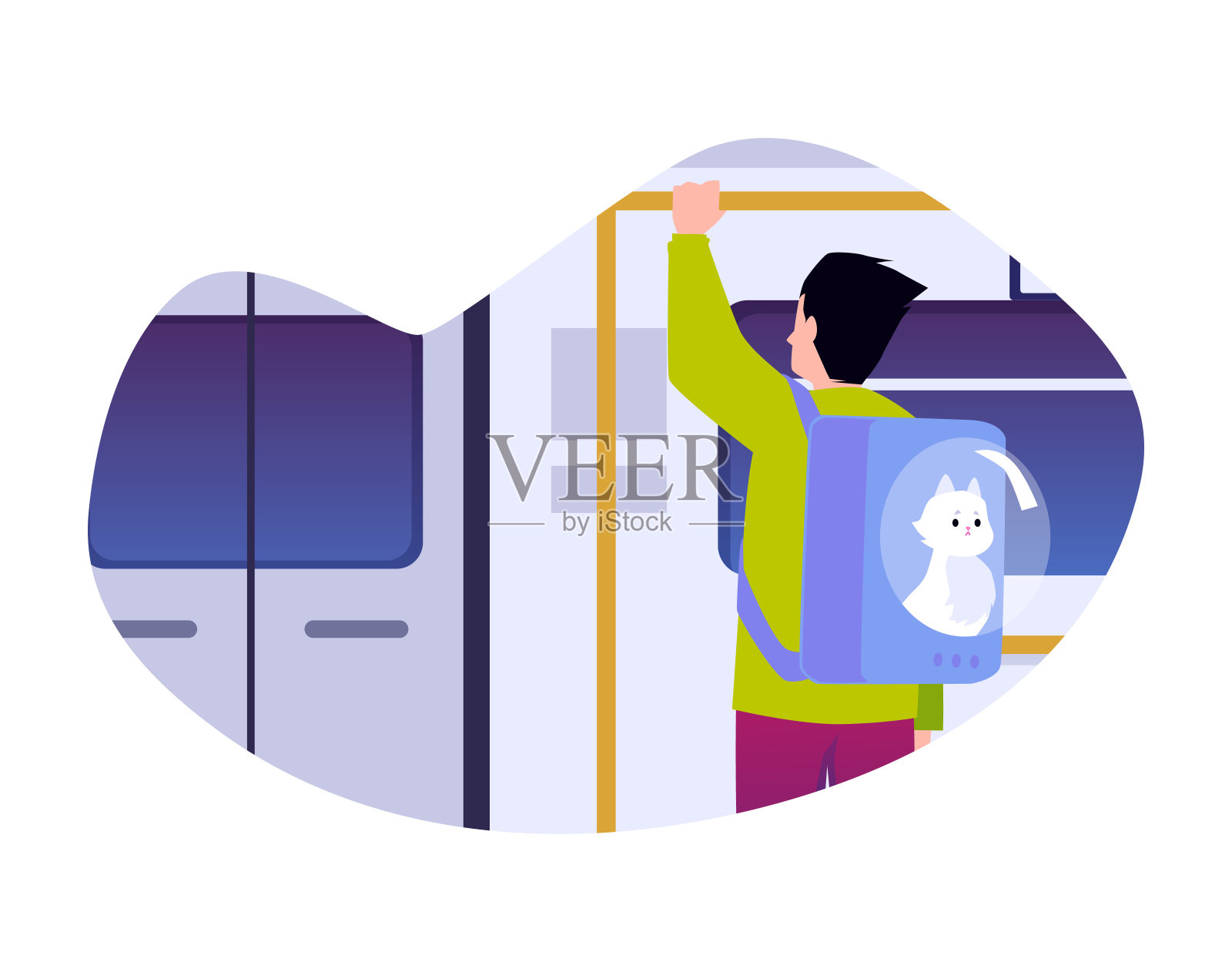 男子携带一只猫在公共交通平面矢量插图孤立。插画图片素材