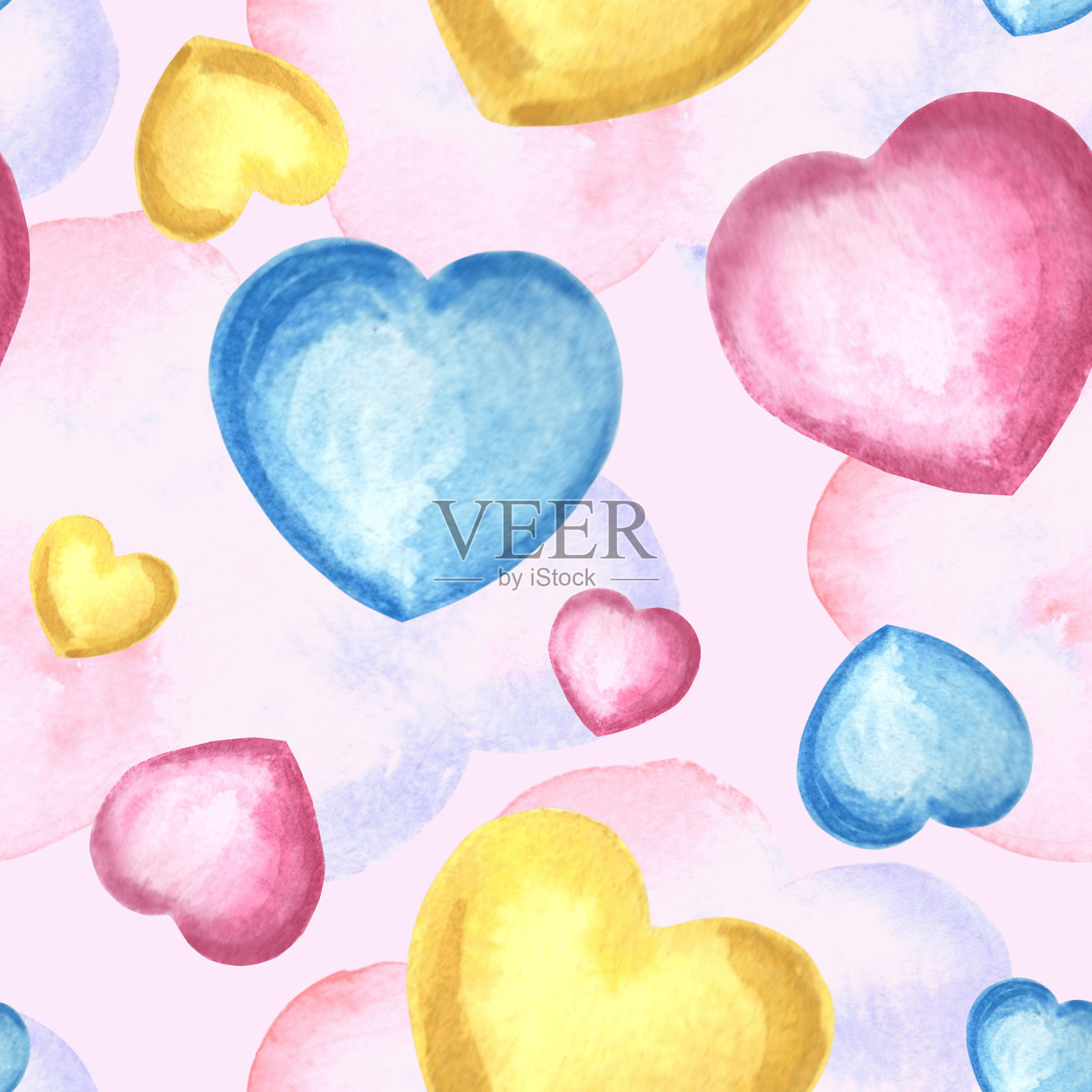 可爱的彩色心和云的无缝图案水彩手绘插画各种设计，装饰背景，孩子的生日和聚会，纺织，包装和包装纸。插画图片素材